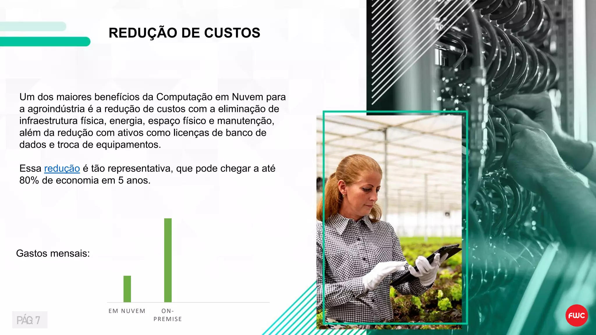 REDUÇÃO DE CUSTOS
Um dos maiores benefícios da Computação em Nuvem para
a agroindústria é a redução de custos com a eliminação de
infraestrutura física, energia, espaço físico e manutenção,
além da redução com ativos como licenças de banco de
dados e troca de equipamentos.
Essa redução é tão representativa, que pode chegar a até
80% de economia em 5 anos.
EM NUVEM ON-
PREMISE
Gastos mensais:
PÁG: 7
 