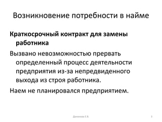 Возникновение потребности в найме Краткосрочный контракт для замены работника Вызвано невозможностью прервать определенный процесс деятельности предприятия из-за непредвиденного выхода из строя работника. Наем не планировался предприятием. Данилова Е.В. 