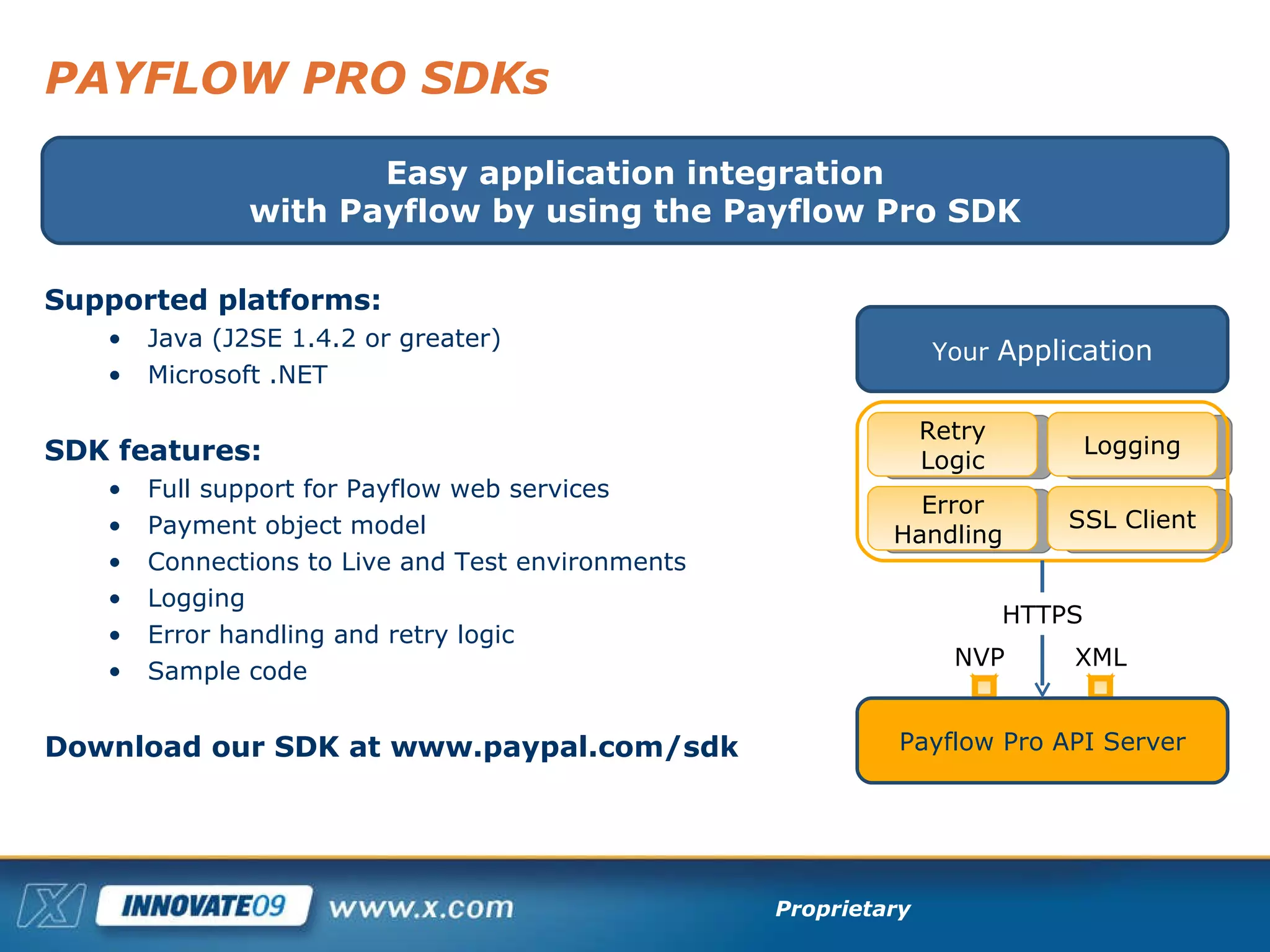 PAYFLOW PRO SDKs Supported platforms:  Java (J2SE 1.4.2 or greater) Microsoft .NET  SDK features: Full support for Payflow web services Payment object model Connections to Live and Test environments  Logging Error handling and retry logic Sample code Download our SDK at www.paypal.com/sdk Easy application integration with Payflow by using the Payflow Pro SDK Your  Application XML NVP Retry Logic Logging Error Handling  SSL Client Payflow Pro API Server HTTPS 