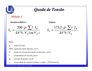 22Adélio José de Moraes e Sérgio Ferreira de Paula Silva
Queda de TensãoQueda de Tensão
Método 1
)ou(%
200
fffn
B
C
VVV
Il
S
⋅∆
⋅⋅⋅
=
ρ
Onde:
Sc : seção em mm2;
V% : queda de tensão máxima, em %;
V : tensão do circuito fase-neutro ou fase-fase, em V;
l : comprimento do circuito, em m
IB : corrente de projeto, em A;
ρ : resistividade do material condutor = cobre = 1/56 Ω.mm2/m
MonofMonofáásico/Bifsico/Bifáásicosico
ff
B
C
VV
Il
S
⋅∆
⋅⋅⋅
=
%
2,173 ρ
TrifTrifáásicosico
 