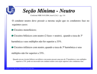 29Adélio José de Moraes e Sérgio Ferreira de Paula Silva
SeSeçção Mão Míínimanima -- NeutroNeutro
Conforme NBR 5410:2004, item 6.2.6.2 – pg. 114
2
Quando em um circuito bifásico ou trifásico com neutro possuir uma taxa de 3ª harmônica e seus múltiplos
superior a 33%, pode ser necessário um condutor neutro com seção superior à dos condutores fase
O condutor neutro deve possuir a mesma seção que os condutores fase no
seguintes casos:
Circuitos monofásicos;
Circuitos bifásicos com neutro (2 fases + neutro), quando a taxa de 3ª
harmônica e seus múltiplos não for superior a 33%.
Circuitos trifásicos com neutro, quando a taxa de 3ª harmônica e seus
múltiplos não for superior a 33%.
 