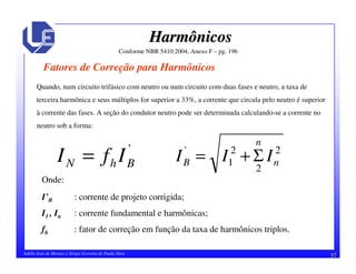 37Adélio José de Moraes e Sérgio Ferreira de Paula Silva
HarmônicosHarmônicos
Fatores de Correção para Harmônicos
Quando, num circuito trifásico com neutro ou num circuito com duas fases e neutro, a taxa de
terceira harmônica e seus múltiplos for superior a 33%, a corrente que circula pelo neutro é superior
à corrente das fases. A seção do condutor neutro pode ser determinada calculando-se a corrente no
neutro sob a forma:
Conforme NBR 5410:2004, Anexo F – pg. 196
'
BhN IfI = 2
2
2
1
'
n
n
B III Σ+=
Onde:
I’B : corrente de projeto corrigida;
I1 , In : corrente fundamental e harmônicas;
fh : fator de correção em função da taxa de harmônicos triplos.
 