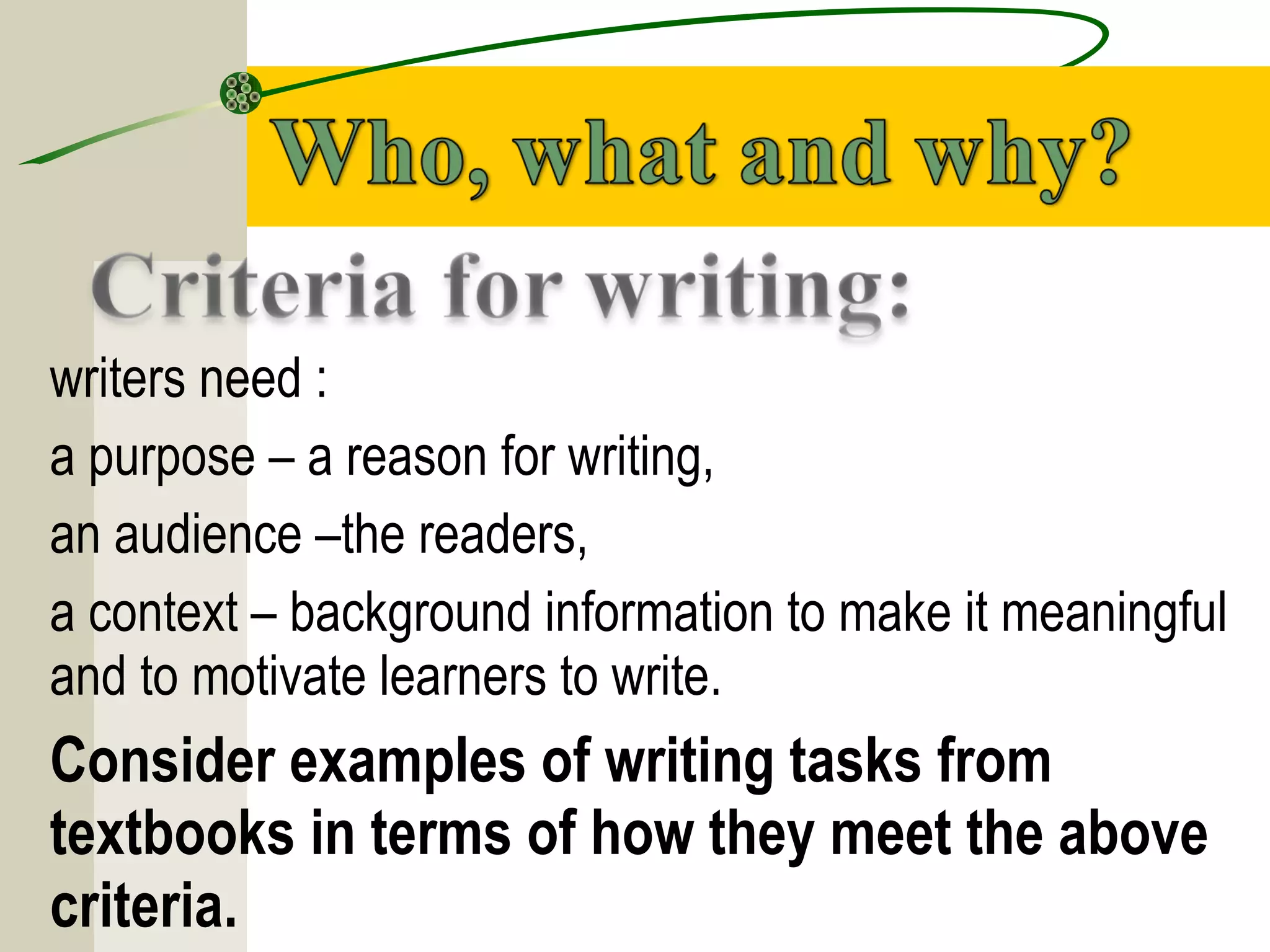 writers need :
a purpose – a reason for writing,
an audience –the readers,
a context – background information to make it meaningful
and to motivate learners to write.
Consider examples of writing tasks from
textbooks in terms of how they meet the above
criteria.
 