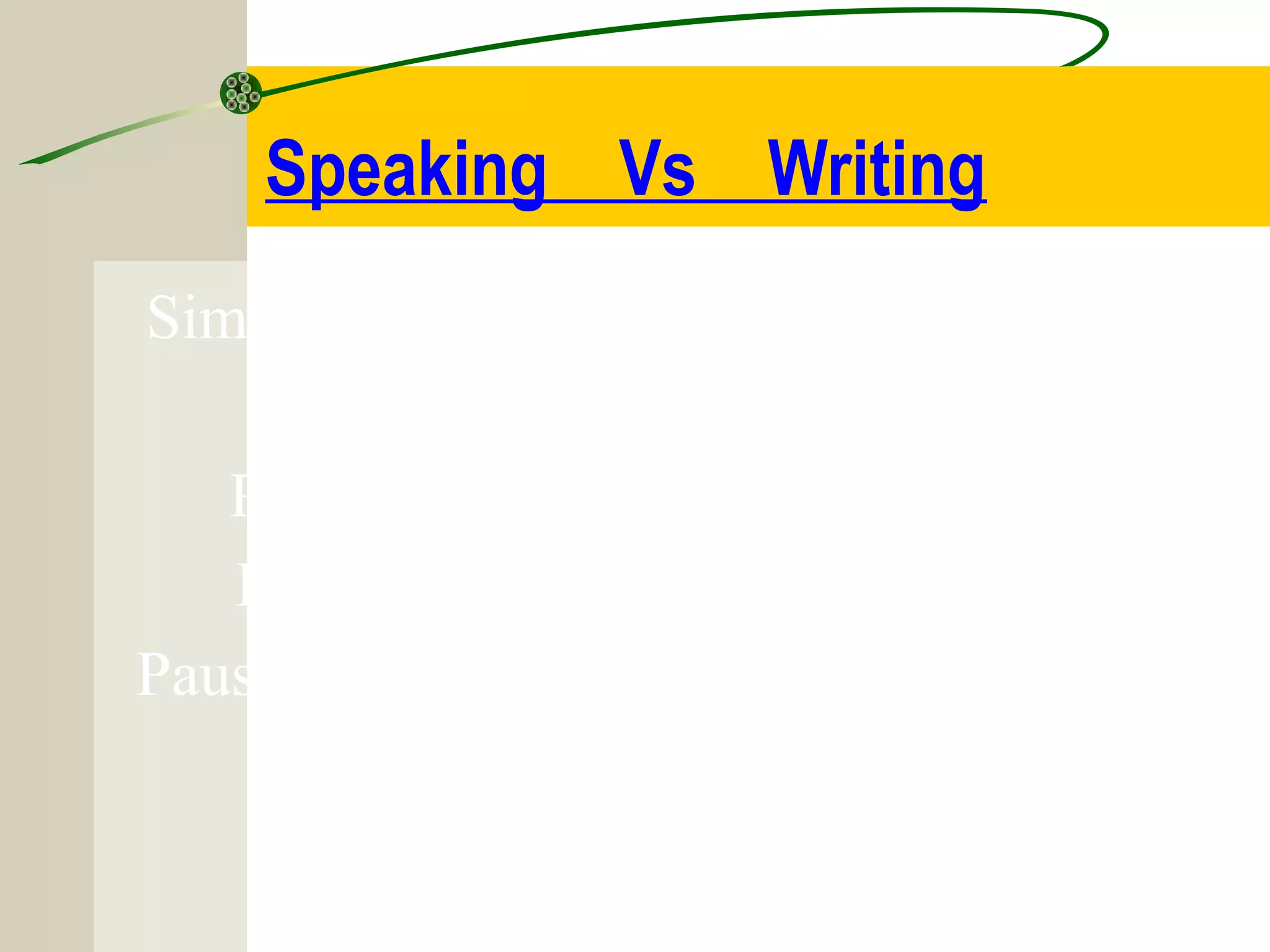 Simple sentences Complex sentences
Voiced Thought / Read
Pronounce Spell
Feedback No feedback
Pause / Intonation Punctuation
Speaking Vs Writing
 