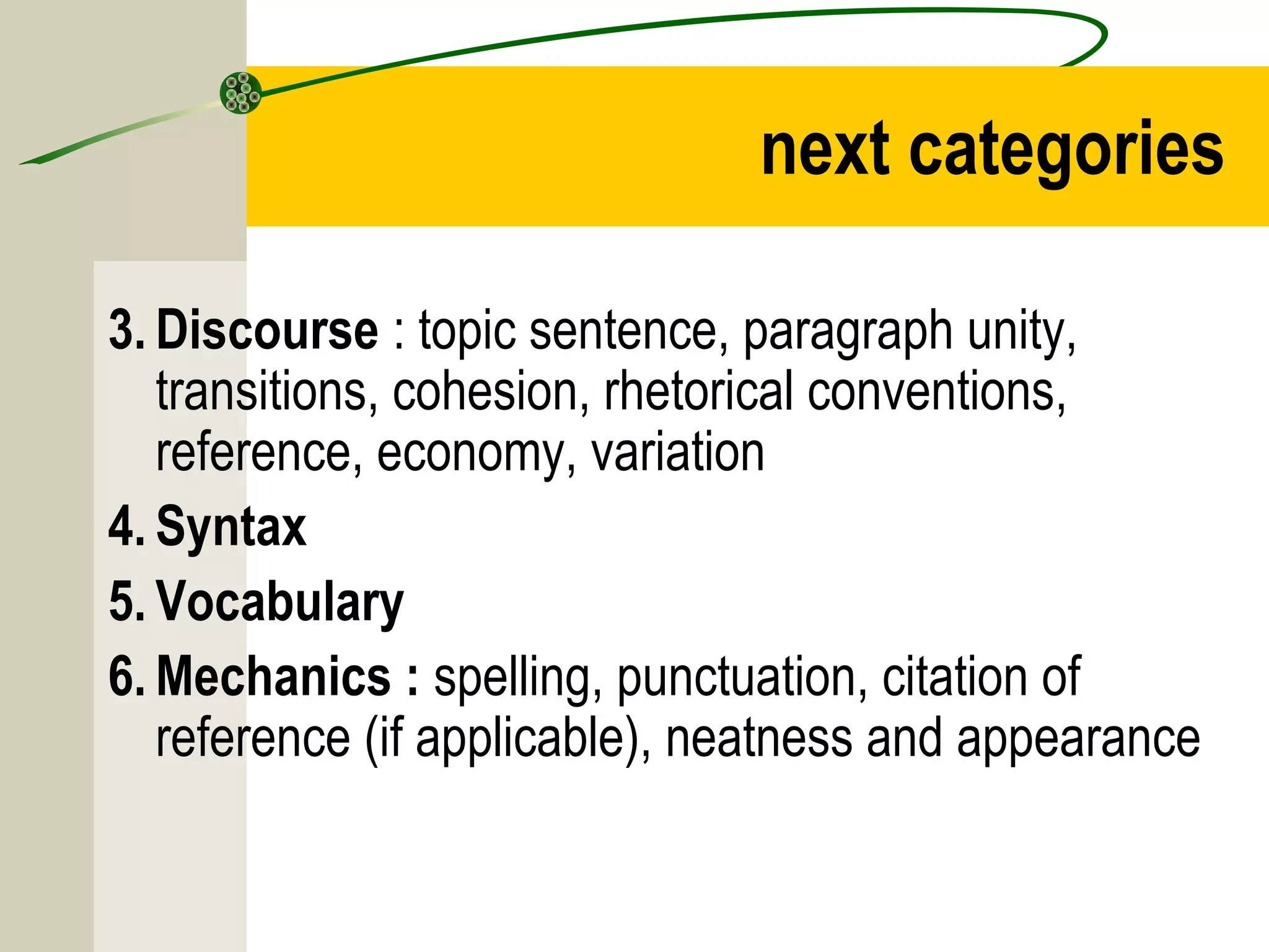 next categories
3. Discourse : topic sentence, paragraph unity,
transitions, cohesion, rhetorical conventions,
reference, economy, variation
4. Syntax
5. Vocabulary
6. Mechanics : spelling, punctuation, citation of
reference (if applicable), neatness and appearance
 