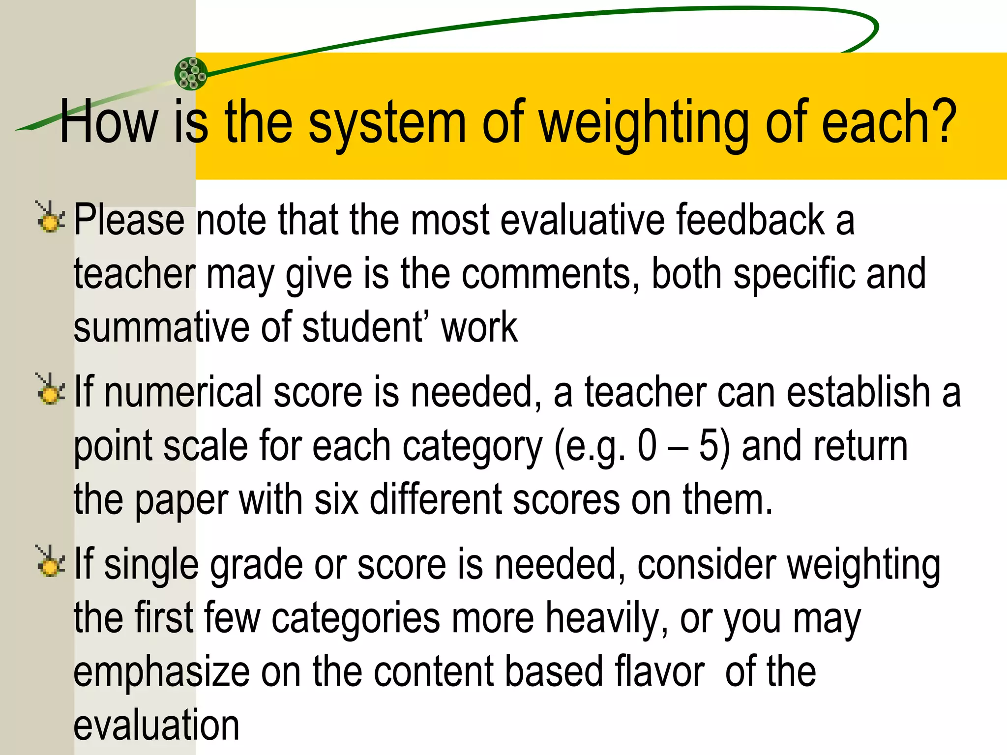 How is the system of weighting of each?
Please note that the most evaluative feedback a
teacher may give is the comments, both specific and
summative of student’ work
If numerical score is needed, a teacher can establish a
point scale for each category (e.g. 0 – 5) and return
the paper with six different scores on them.
If single grade or score is needed, consider weighting
the first few categories more heavily, or you may
emphasize on the content based flavor of the
evaluation
 