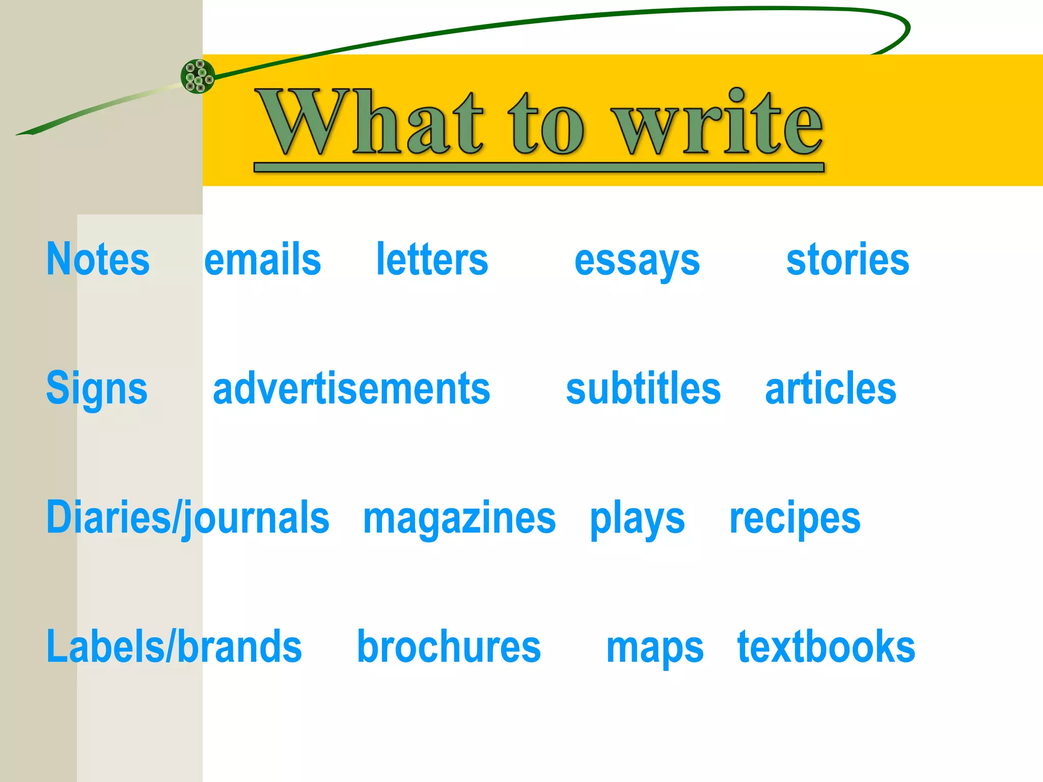 Notes emails letters essays stories
Signs advertisements subtitles articles
Diaries/journals magazines plays recipes
Labels/brands brochures maps textbooks
 