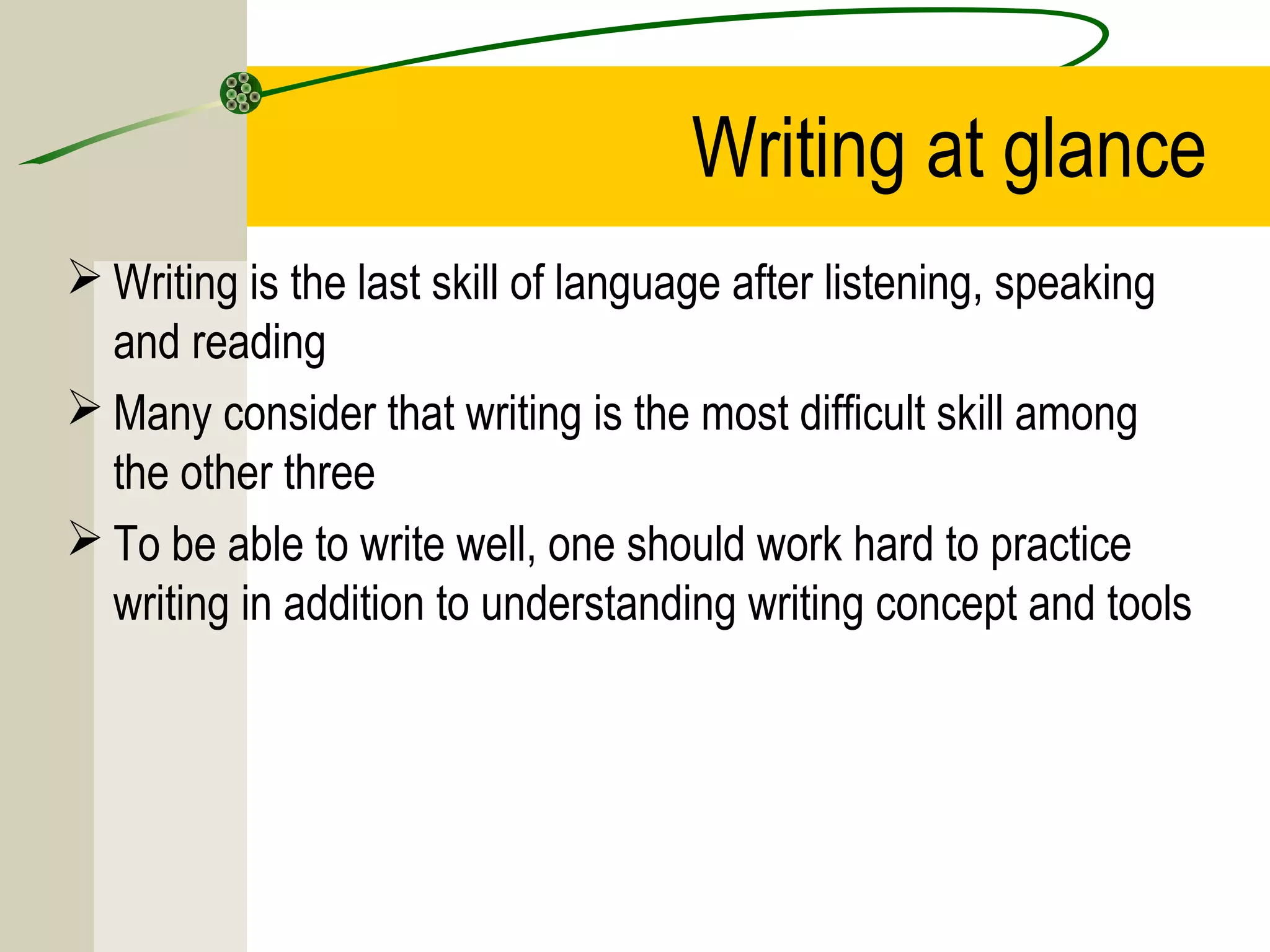 Writing at glance
 Writing is the last skill of language after listening, speaking
and reading
 Many consider that writing is the most difficult skill among
the other three
 To be able to write well, one should work hard to practice
writing in addition to understanding writing concept and tools
 