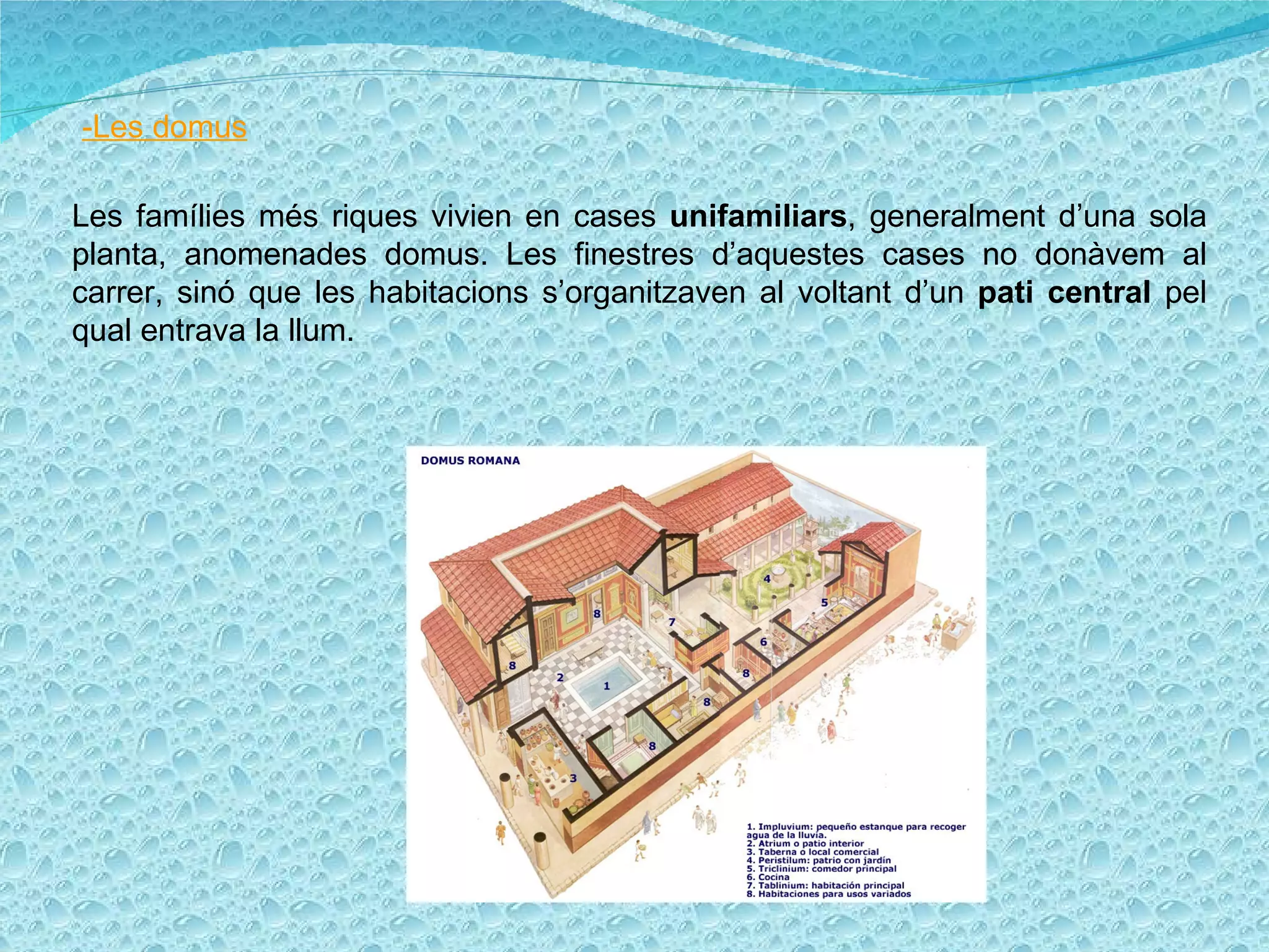 -Les domus Les famílies més riques vivien en cases  unifamiliars , generalment d’una sola planta, anomenades domus. Les finestres d’aquestes cases no donàvem al carrer, sinó que les habitacions s’organitzaven al voltant d’un  pati central  pel qual entrava la llum. 
