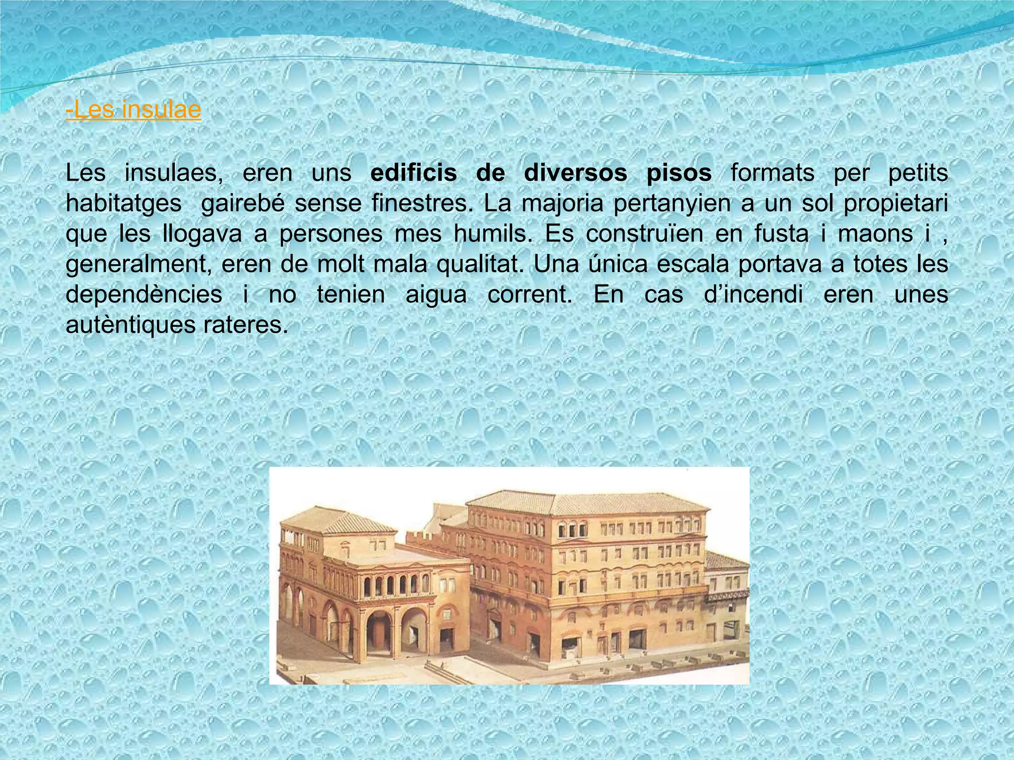 -Les insulae Les insulaes, eren uns  edificis de diversos pisos  formats per petits habitatges  gairebé sense finestres. La majoria pertanyien a un sol propietari que les llogava a persones mes humils. Es construïen en fusta i maons i , generalment, eren de molt mala qualitat. Una única escala portava a totes les dependències i no tenien aigua corrent. En cas d’incendi eren unes autèntiques rateres. 