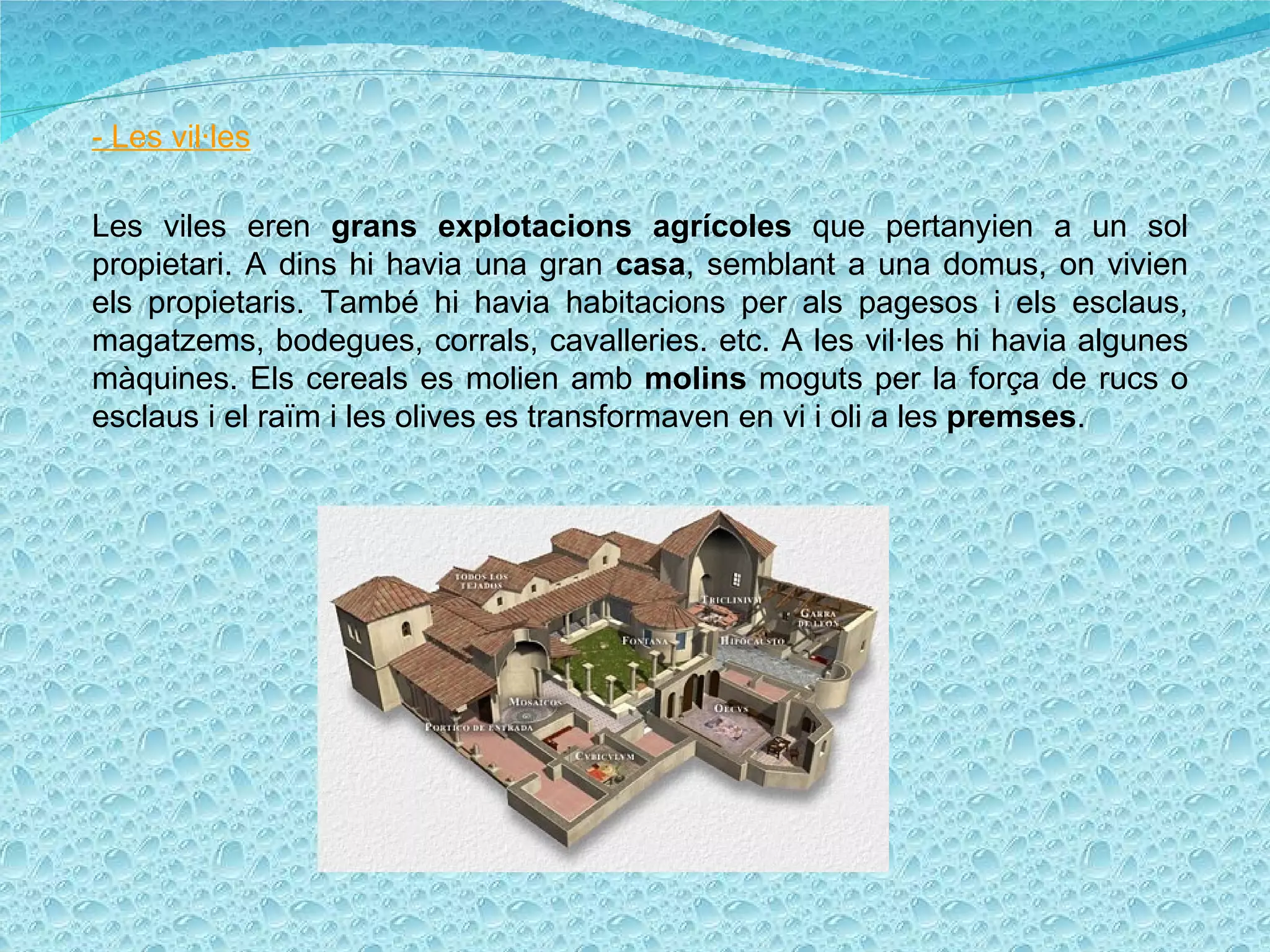 - Les vil·les Les viles eren  grans explotacions agrícoles  que pertanyien a un sol propietari. A dins hi havia una gran  casa , semblant a una domus, on vivien els propietaris. També hi havia habitacions per als pagesos i els esclaus, magatzems, bodegues, corrals, cavalleries. etc. A les vil·les hi havia algunes màquines. Els cereals es molien amb  molins  moguts per la força de rucs o esclaus i el raïm i les olives es transformaven en vi i oli a les  premses . 