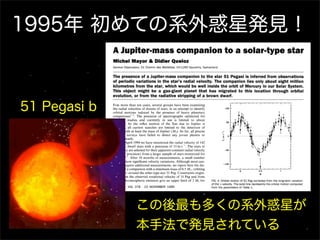 1995年 初めての系外惑星発見！
                        1995年！



51 Pegasi b




                             46


              この後最も多くの系外惑星が
              本手法で発見されている
 