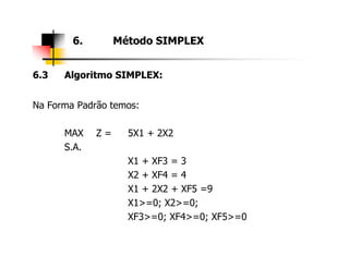 6.3 Algoritmo SIMPLEX:
Na Forma Padrão temos:
MAX Z = 5X1 + 2X2
6. Método SIMPLEX
MAX Z = 5X1 + 2X2
S.A.
X1 + XF3 = 3
X2 + XF4 = 4
X1 + 2X2 + XF5 =9
X1>=0; X2>=0;
XF3>=0; XF4>=0; XF5>=0
 