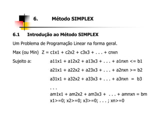 6.1 Introdução ao Método SIMPLEX
Um Problema de Programação Linear na forma geral.
Max (ou Min) Z = c1x1 + c2x2 + c3x3 + . . . + cnxn
Sujeito a: a11x1 + a12x2 + a13x3 + . . . + a1nxn <= b1
6. Método SIMPLEX
Sujeito a: a11x1 + a12x2 + a13x3 + . . . + a1nxn <= b1
a21x1 + a22x2 + a23x3 + . . . + a2nxn >= b2
a31x1 + a32x2 + a33x3 + . . . + a3nxn = b3
. . .
am1x1 + am2x2 + am3x3 + . . . + amnxn = bm
x1>=0; x2>=0; x3>=0; . . . ; xn>=0
 