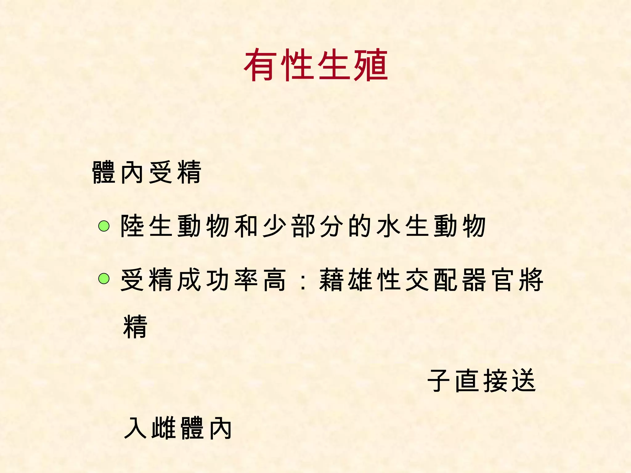有性生殖 體內受精 　陸生動物和少部分的水生動物 　受精成功率高：藉雄性交配器官將精 　  子直接送入雌體內 