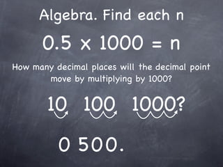 Algebra. Find each n
      0.5 x 1000 = n
How many decimal places will the decimal point
       move by multiplying by 1000?


        10 100 1000?
          0 5 0 0.
 
