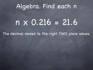 Algebra. Find each n

      n x 0.216 = 21.6
The decimal moved to the right TWO place values.
 