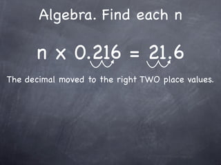 Algebra. Find each n

      n x 0.216 = 21.6
The decimal moved to the right TWO place values.
 