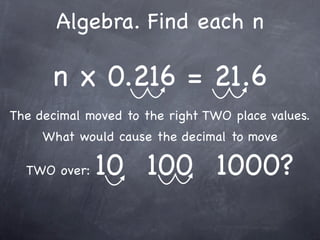 Algebra. Find each n

      n x 0.216 = 21.6
The decimal moved to the right TWO place values.
     What would cause the decimal to move

  TWO over:   10 100 1000?
 