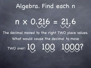 Algebra. Find each n

      n x 0.216 = 21.6
The decimal moved to the right TWO place values.
     What would cause the decimal to move

  TWO over:   10 100 1000?
 