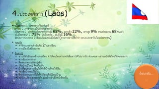 4.ประเทศลาว (Laos)
• เมืองหลวง : นครหลวงเวียงจันทร์
ภาษา : ภาษาลาว เป็นภาษาราชการ
ประชากร : ประกอบด้วย ชาวลาวลุ่ม 68%, ลาวเทิง 22%, ลาวสูง 9% รวมประมาณ 68 ชนเผ่า
นับถือศาสนา : 75% นับถือพุทธ, นับถือผี 16%
ระบบการปกครอง : สังคมนิยมคอมมิวนิสต์ (ทางการลาวใช้คาว่า ระบบประชาธิปไตยประชาชน)
• จุดแข็ง
– ค่าจ้างแรงงานต่าอันดับ 2 ในอาเซียน
– การเมืองมีเสถียรภาพ
• ข้อควรรู้
– ลาว มีตัวอักษรคล้ายของไทย ทาให้คนไทยอ่านหนังสือลาวได้ไม่ยากนัก ส่วนคนลาวอ่านหนังสือไทยได้คล่องมาก
– ลาวขับรถทางขวา
– ติดต่อราชการต้องนุ่งซิ่น
– เดินผ่านผู้ใหญ่ ต้องก้มหัว
– ถ้าเพื่อนคนลาวเชิญไปพักที่บ้านห้ามให้เงิน
– อย่าซื้อน้าหอมให้กัน
– ที่ถูกต้องคนลาวที่ให้พัก ต้องแจ้งผู้ใหญ่บ้าน
– เข้าบ้านต้องถอดรองเท้า และถ้าเขาเสิร์ฟน้าต้องดื่ม
ย้อนกลับ...
...
 