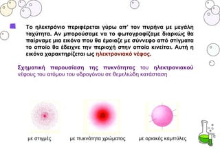 Το ηλεκτρόνιο περιφέρεται γύρω απ’ τον πυρήνα με μεγάλη
ταχύτητα. Αν μπορούσαμε να το φωτογραφίζαμε διαρκώς θα
παίρναμε μια εικόνα που θα έμοιαζε με σύννεφο από στίγματα
το οποίο θα έδειχνε την περιοχή στην οποία κινείται. Αυτή η
εικόνα χαρακτηρίζεται ως ηλεκτρονιακό νέφος.
Σχηματική παρουσίαση της πυκνότητας του ηλεκτρονιακού
νέφους του ατόμου του υδρογόνου σε θεμελιώδη κατάσταση
με στιγμές με πυκνότητα χρώματος με οριακές καμπύλες
 