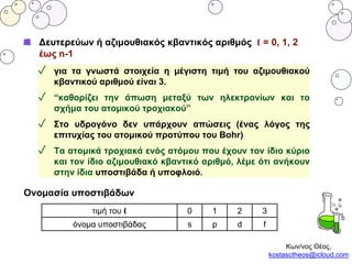 ✓ για τα γνωστά στοιχεία η μέγιστη τιμή του αζιμουθιακού
κβαντικού αριθμού είναι 3.
✓ “καθορίζει την άπωση μεταξύ των ηλεκτρονίων και το
σχήμα του ατομικού τροχιακού”
✓ Στο υδρογόνο δεν υπάρχουν απώσεις (ένας λόγος της
επιτυχίας του ατομικού προτύπου του Bohr)
✓ Τα ατομικά τροχιακά ενός ατόμου που έχουν τον ίδιο κύριο
και τον ίδιο αζιμουθιακό κβαντικό αριθμό, λέμε ότι ανήκουν
στην ίδια υποστιβάδα ή υποφλοιό.
Δευτερεύων ή αζιμουθιακός κβαντικός αριθμός ℓ = 0, 1, 2
έως n-1
Ονομασία υποστιβάδων
τιμή του ℓ 0 1 2 3
όνομα υποστιβάδας s p d f
Κων/νος Θέος,
kostasctheos@icloud.com
 