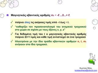 Μαγνητικός κβαντικός αριθμός mℓ = -ℓ ...0...+ ℓ
✓ παίρνει όλες τις ακέραιες τιμές από –ℓ έως + ℓ.
✓ “καθορίζει τον προσανατολισμό του ατομικού τροχιακού
στο χώρο σε σχέση με τους άξονες x, y, z”
✓ Για δεδομένη τιμή του ℓ ο μαγνητικός κβαντικός αριθμός
παίρνει 2ℓ+1 τιμές και κάθε τιμή αντιστοιχεί σε ένα τροχιακό
✓ Ηλεκτρόνια με την ίδια τριάδα κβαντικών αριθμών n, ℓ, mℓ
ανήκουν στο ίδιο τροχιακό.
Κων/νος Θέος,
kostasctheos@icloud.com
 
