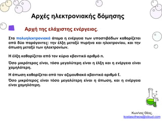 Αρχή της ελάχιστης ενέργειας.
Αρχές ηλεκτρονιακής δόμησης
Στα πολυηλεκτρονιακά άτομα η ενέργεια των υποστιβάδων καθορίζεται
από δύο παράγοντες: την έλξη μεταξύ πυρήνα και ηλεκτρονίου, και την
άπωση μεταξύ των ηλεκτρονίων.
Η έλξη καθορίζεται από τον κύριο κβαντικό αριθμό n.
Όσο μικρότερος είναι, τόσο μεγαλύτερη είναι η έλξη και η ενέργεια είναι
χαμηλότερη.
Η άπωση καθορίζεται από τον αζιμουθιακό κβαντικό αριθμό ℓ.
Όσο μικρότερος είναι τόσο μεγαλύτερη είναι η άπωση, και η ενέργεια
είναι χαμηλότερη.
Κων/νος Θέος,
kostasctheos@icloud.com
 