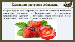 Растрова графіка має як переваги, так і недоліки. Основною перевагою є
можливість працювати з фотографічними та сканованими
зображеннями, недоліком – погіршення якості зображення в разі
змінення його розмірів або обертання на певний кут.
 