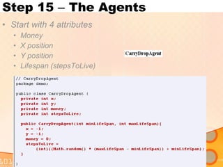 Step 15  –  The Agents Start with 4 attributes Money X position Y position Lifespan (stepsToLive) 