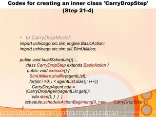 Codes for creating an inner class 'CarryDropStep' (Step 21-4) In CarryDropModel: import uchicago.src.sim.engine.BasicAction; import uchicago.src.sim.util.SimUtilities; public void buildSchedule(){… class  CarryDropStep  extends  BasicAction  { public void  execute () { SimUtilities.shuffle (agentList); for(int i =0; i < agentList.size(); i++){ CarryDropAgent cda =    (CarryDropAgent)agentList.get(i); cda. step (); }  }  } schedule. scheduleActionBeginning ( 0, new  CarryDropStep()) ; } 