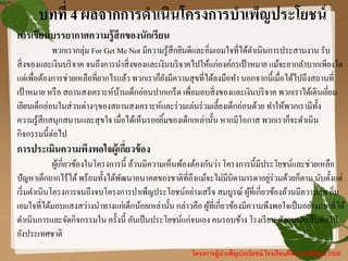 โครงการผู้บาเพ็ญประโยชน์ โรงเรียนศีลาจารพิพัฒน์ 2556
บทที่ 4 ผลจากการดาเนินโครงการบาเพ็ญประโยชน์
การเขียนบรรยากาศความรู้สึกของนักเรียน
พวกเรากลุ่ม For Get Me Not มีความรู้สึกยินดีและอิ่มเอมใจที่ได้ดาเนินการประสานงาน รับ
สิ่งของและเงินบริจาค จนถึงการนาสิ่งของและเงินบริจาคไปให้แก่องค์กรเป้าหมาย แม้จะยากลาบากเพียงใด
แต่เพื่อต้องการช่วยเหลือที่ยากไรแล้ว พวกเราก็ยังมีความสุขที่ได้ลงมือทา นอกจากนี้เมื่อได้ไปถึงสถานที่
เป้าหมาย หรือ สถานสงเคราะห์บ้านเด็กอ่อนปากเกร็ด เพื่อมอบสิ่งของและเงินบริจาค พวกเราได้เดินเยี่ยม
เยียนเด็กอ่อนในส่วนต่างๆของสถานสงเคราะห์และร่วมเล่นร่วมเลี้ยงเด็กอ่อนด้วย ทาให้พวกเรามีทั้ง
ความรู้สึกสนุกสนานและสุขใจ เมื่อได้เห็นรอยยิ้มของเด็กเหล่านั้น หากมีโอกาส พวกเราก็จะดาเนิน
กิจกรรมนี้ต่อไป
การประเมินความพึงพอใจผู้เกี่ยวข้อง
ผู้เกี่ยวข้องในโครงการนี้ ล้วนมีความเห็นพ้องต้องกันว่า โครงการนี้มีประโยชน์และช่วยเหลือ
ปัญหาเด็กยากไร้ได้พร้อมทั้งได้พัฒนาอนาคตของชาติที่ถึงแม้จะไม่มีบิดามารดาอยู่ร่วมด้วยก็ตาม นับตั้งแต่
เริ่มดาเนินโครงการจนถึงจบโครงการบาเพ็ญประโยชน์อย่างเสร็จ สมบูรณ์ ผู้ที่เกี่ยวข้องล้วนมีความสุข อิ่ม
เอมใจที่ได้มอบแสงสว่างนาทางแก่เด็กน้อยเหล่านั้น กล่าวคือ ผู้ที่เกี่ยวข้องมีความพึงพอใจเป็นอย่างมากที่ได้
ดาเนินการและจัดกิจกรรมใน ครั้งนี้ อันเป็นประโยชน์แก่จนเอง คนรอบข้าง โรงเรียน สังคมและสืบต่อไป
ยังประเทศชาติ
 