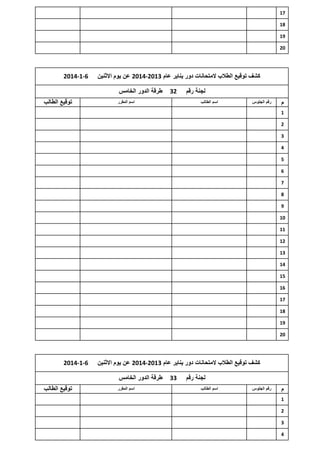 ‫71‬
‫81‬
‫91‬
‫02‬

‫كشف توقٌع الطالب المتحانات دور ٌناٌر عام 3102-4102 عن ٌوم االثنٌن‬
‫لجنة رقم‬
‫م‬

‫رقم الجلوس‬

‫23‬

‫اسم الطالب‬

‫6-1-4102‬

‫طرقة الدور الخامس‬
‫اسم المقرر‬

‫توقٌع الطالب‬

‫1‬
‫2‬
‫3‬
‫4‬
‫5‬
‫6‬
‫7‬
‫8‬
‫9‬
‫01‬
‫11‬
‫21‬
‫31‬
‫41‬
‫51‬
‫61‬
‫71‬
‫81‬
‫91‬
‫02‬

‫كشف توقٌع الطالب المتحانات دور ٌناٌر عام 3102-4102 عن ٌوم االثنٌن‬
‫لجنة رقم‬
‫م‬
‫1‬
‫2‬
‫3‬
‫4‬

‫رقم الجلوس‬

‫اسم الطالب‬

‫33‬

‫6-1-4102‬

‫طرقة الدور الخامس‬
‫اسم المقرر‬

‫توقٌع الطالب‬

 