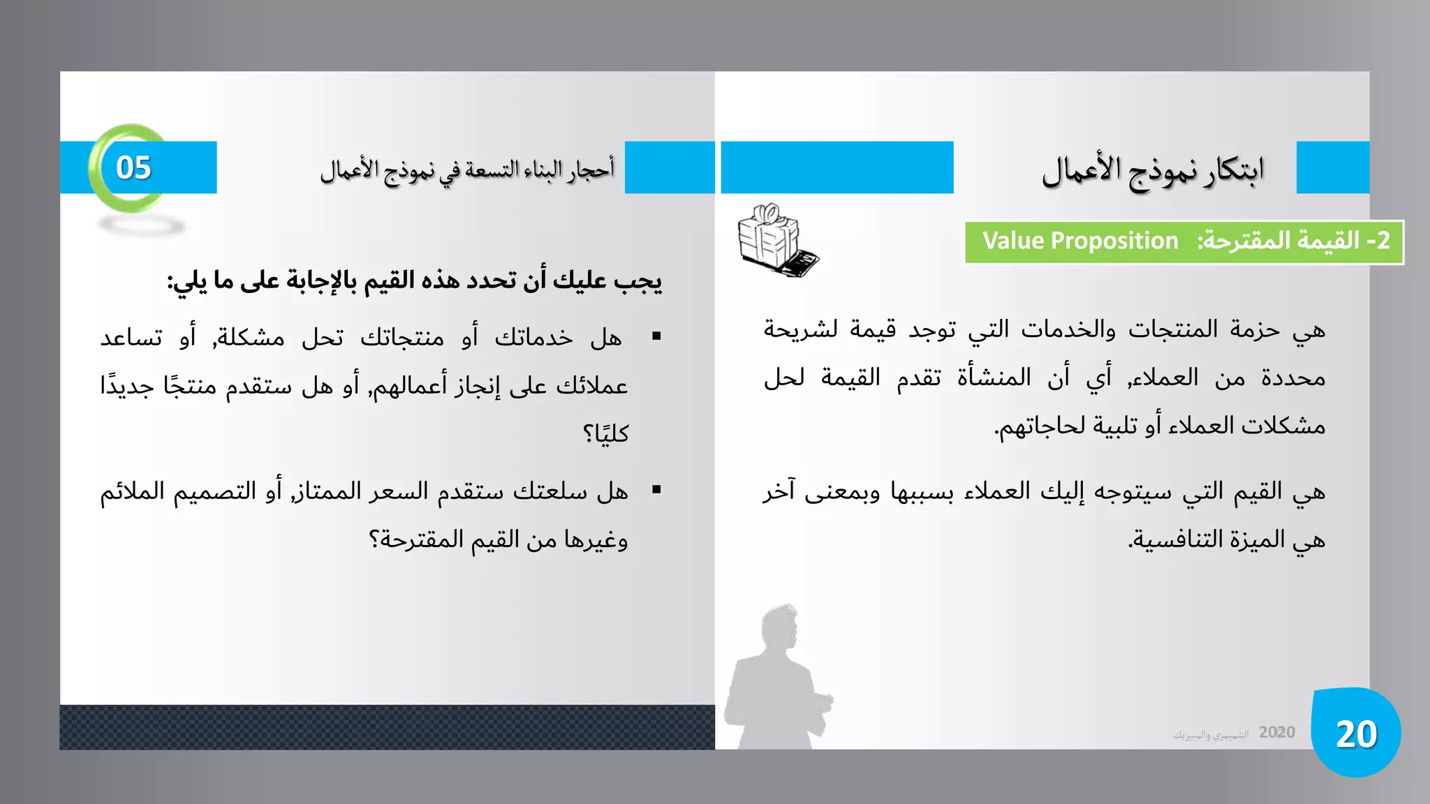 ©
‫الشميمري‬
‫والمبيريك‬ 2020
‫عمال‬
‫أ‬
‫ال‬‫نموذج‬‫ابتكار‬
20
05 ‫عمال‬
‫أ‬
‫ال‬‫نموذج‬‫في‬‫التسعة‬‫البناء‬‫حجار‬
‫أ‬
‫ا‬
2
-
‫المقترحة‬ ‫القيمة‬
:
Value Proposition
‫هي‬
‫حزمة‬
‫المنتجات‬
‫والخدمات‬
‫التي‬
‫توجد‬
‫قيمة‬
‫لشريح‬
‫ة‬
‫محددة‬
‫من‬
‫العمالء‬
,
‫أي‬
‫أن‬
‫المنشأة‬
‫تقدم‬
‫القيمة‬
‫لحل‬
‫مشكالت‬
‫العمالء‬
‫أو‬
‫تلبية‬
‫لحاجاتهم‬
.
‫هي‬
‫القيم‬
‫التي‬
‫سيتوجه‬
‫إليك‬
‫العمالء‬
‫بسببها‬
‫وبم‬
‫عنى‬
‫آخر‬
‫هي‬
‫الميزة‬
‫التنافسية‬
.
‫يجب‬
‫عليك‬
‫أن‬
‫تحدد‬
‫هذه‬
‫القيم‬
‫باإلجابة‬
‫على‬
‫ما‬
‫يلي‬
:

‫هل‬
‫خدماتك‬
‫أو‬
‫منتجاتك‬
‫تحل‬
‫مشكلة‬
,
‫أو‬
‫تساعد‬
‫عمالئك‬
‫على‬
‫إنجاز‬
‫أعمالهم‬
,
‫أو‬
‫هل‬
‫ستقدم‬
‫ا‬ً‫ج‬‫منت‬
ًَّ‫د‬‫جدي‬
‫ا‬
‫ا؟‬ً‫ي‬‫كل‬

‫هل‬
‫سلعتك‬
‫ستقدم‬
‫السعر‬
‫الممتاز‬
,
‫أو‬
‫التصميم‬
‫ال‬
‫مالئم‬
‫وغيرها‬
‫من‬
‫القيم‬
‫المقترحة؟‬
 