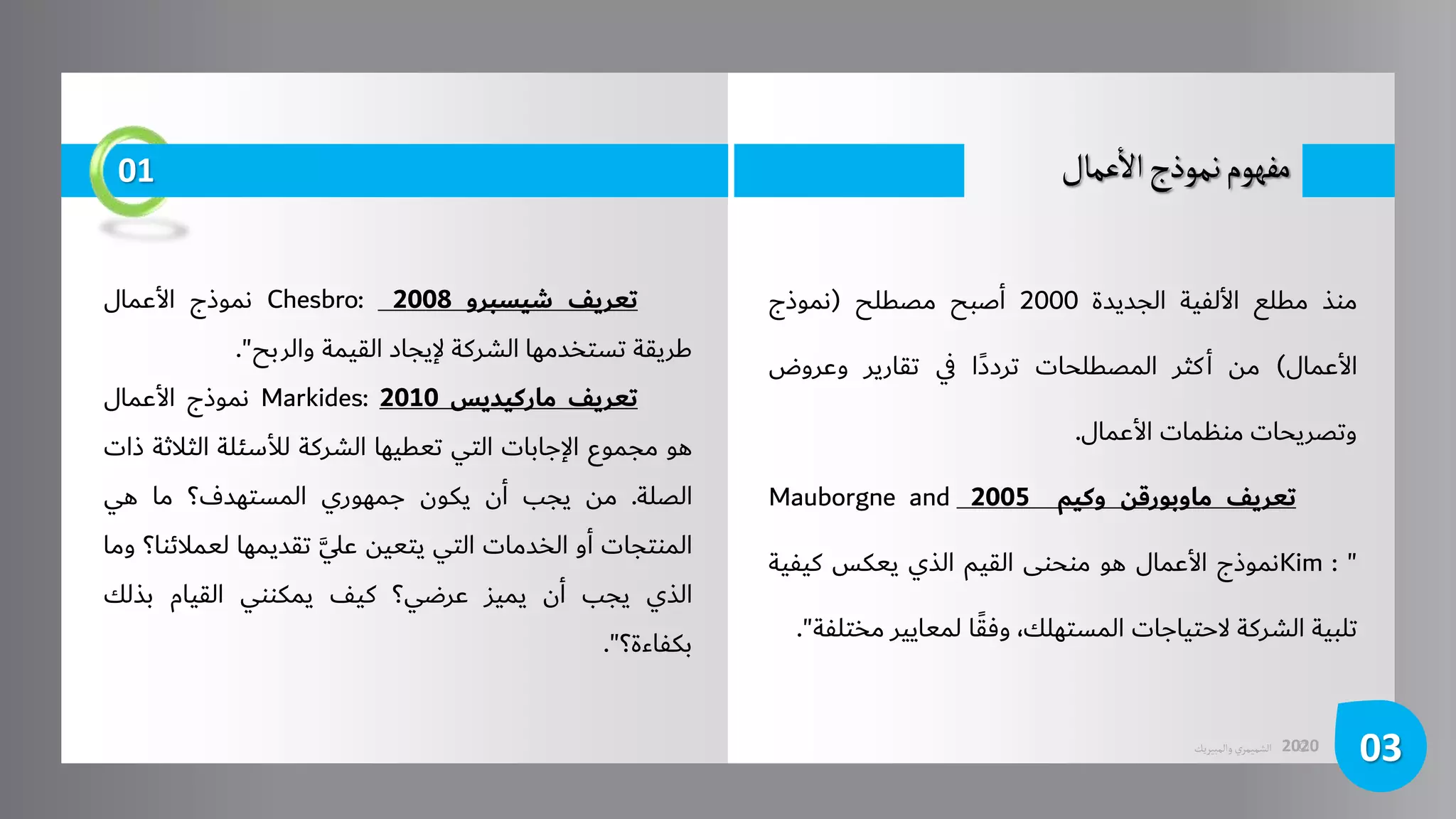 ©
‫الشميمري‬
‫والمبيريك‬ 2020
‫عمال‬
‫أ‬
‫ال‬‫نموذج‬‫مفهوم‬
03
‫منذ‬
‫مطلع‬
‫األلفية‬
‫الجديدة‬
2000
‫أصبح‬
‫مصطلح‬
(
‫نموذج‬
‫األعمال‬
)
‫من‬
‫كثر‬‫أ‬
‫المصطلحات‬
‫ًا‬‫د‬‫ترد‬
‫ي‬
‫ف‬
‫تقارير‬
‫وعروض‬
‫وتصريحات‬
‫منظمات‬
‫األعمال‬
.
‫تعريف‬
‫ماوبورقن‬
‫وكيم‬
2005
Mauborgne and
Kim : "
‫نموذج‬
‫األعمال‬
‫هو‬
‫منحنى‬
‫القيم‬
‫الذي‬
‫يعكس‬
‫كيف‬
‫ية‬
‫تلبية‬
‫الشركة‬
‫الحتياجات‬
،‫المستهلك‬
‫ا‬ً‫ق‬‫وف‬
‫لمعايير‬
‫مختلفة‬
"
.
01
‫تعريف‬
‫شيسبرو‬
2008
Chesbro:
‫نموذج‬
‫األعمال‬
‫طريقة‬
‫تستخدمها‬
‫الشركة‬
‫إليجاد‬
‫القيمة‬
‫والربح‬
"
.
‫تعريف‬
‫ماركيديس‬
2010
Markides:
‫نموذج‬
‫األعمال‬
‫هو‬
‫مجموع‬
‫اإلجابات‬
‫التي‬
‫تعطيها‬
‫الشركة‬
‫لألسئلة‬
‫الث‬
‫الثة‬
‫ذات‬
‫الصلة‬
.
‫من‬
‫يجب‬
‫أن‬
‫يكون‬
‫جمهوري‬
‫المستهدف؟‬
‫ما‬
‫هي‬
‫المنتجات‬
‫أو‬
‫الخدمات‬
‫التي‬
‫يتعين‬
َّ
‫علي‬
‫تقديمها‬
‫لعمال‬
‫ئنا؟‬
‫وما‬
‫الذي‬
‫يجب‬
‫أن‬
‫يميز‬
‫عرضي؟‬
‫كيف‬
‫يمكنني‬
‫القيام‬
‫بذلك‬
‫بكفاءة؟‬
"
.
 