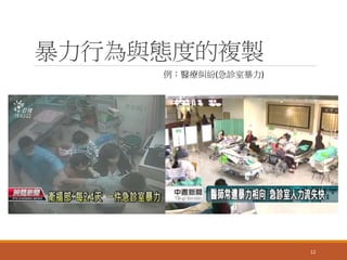 暴力行為與態度的複製
12
例：醫療糾紛(急診室暴力)
 