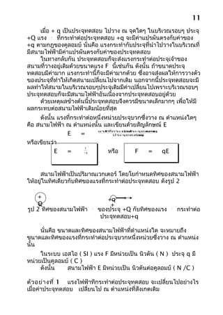 11
     เมื่อ + q เป็นประจุทดสอบ ไปวาง ณ จุดใดๆ ในบริเวณรอบๆ ประจุ
+Q แรง   
         F
             ที่กระทำาต่อประจุทดสอบ +q จะมีค่าแปรผันตรงกับค่าของ
+q ตามกฎของคูลอมบ์ นั่นคือ แรงกระทำากับประจุที่นำาไปวางในบริเวณที่
มีสนามไฟฟ้ามีค่าแปรผันตรงกับค่าของประจุทดสอบ
     ในทางกลับกัน ประจุทดสอบก็จะส่งแรงกระทำาต่อประจุเจ้าของ
สนามที่วางอยู่เดิมด้วยขนาดแรง F นี้เช่นกัน ดังนั้น ถ้าขนาดประจุ
ทดสอบมีค่ามาก แรงกระทำานี้ก็จะมีค่ามากด้วย ซึ่งอาจส่งผลให้การวางตัว
ของประจุที่ทำาให้เกิดสนามเปลี่ยนไปจากเดิม นอกจากนี้ประจุทดสอบจะมี
ผลทำาให้สนามในบริเวณรอบๆประจุเดิมมีค่าเปลี่ยนไปเพราะบริเวณรอบๆ
ประจุทดสอบก็จะมีสนามไฟฟ้าอันเนื่องจากประจุทดสอบอยู่ด้วย
     ด้วยเหตุผลข้างต้นนี้ประจุทดสอบจึงควรมีขนาดเล็กมากๆ เพื่อให้มี
ผลกระทบต่อสนามไฟฟ้าเดิมน้อยที่สุด
     ดังนั้น แรงที่กระทำาต่อหนึ่งหน่วยประจุบวกซึ่งวาง ณ ตำาแหน่งใดๆ
คือ สนามไฟฟ้า ณ ตำาแหน่งนั้น และเขียนด้วยสัญลักษณ์ E
                             แรง ที่กระทำาต่
                                 F      อประจุทดสอ
                                                 บ+ q
                E      =            ประจุทดสอบ
                                             + q


หรือเขียนว่า
                         F
            E   =       +q         หรือ      F    =    qE


     สนามไฟฟ้าเป็นปริมาณเวกเตอร์ โดยโยกำาหนดทิศของสนามไฟฟ้า
ให้อยู่ในทิศเดียวกับทิศของแรงที่กระทำาต่อประจุทดสอบ ดังรูป 2

    +                           +q
    Q
    +                            +
รูป 2 ทิศของสนามไฟฟ้า    
                         E
                             ของประจุ +Q กับทิศของแรง    
                                                         F
                                                             กระทำาต่อ
                              ประจุทดสอบ+q

     นั่นคือ ขนาดและทิศของสนามไฟฟ้าที่ตำาแหน่งใด จะหมายถึง
ขนาดและทิศของแรงที่กระทำาต่อประจุบวกหนึ่งหน่วยซึ่งวาง ณ ตำาแหน่ง
นั้น
     ในระบบ เอสไอ ( SI ) แรง F มีหน่วยเป็น นิวตัน ( N ) ประจุ q มี
หน่วยเป็นคูลอมบ์ ( C )
     ดังนั้น   สนามไฟฟ้า E มีหน่วยเป็น นิวตันต่อคูลอมบ์ ( N /C )

ตัว อย่า งที่ 1 แรงไฟฟ้าทีกระทำาต่อประจุทดสอบ จะเปลี่ยนไปอย่างไร
เมื่อค่าประจุทดสอบ เปลี่ยนไป ณ ตำาแหน่งที่สังเกตเดิม
 