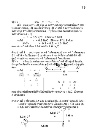 16




วิธ ีท ำา                จาก
                                                                
                                                            E =+
                                                              E A EB




         เมื่อ ประจุไฟฟ้า +Q ที่จด A จะทำาให้เกิดสนามไฟฟ้าที่จุด P มีทิศ
                                 ุ
พุ่งออกจากประจุ +Q และเมื่อนำาประจุ –Q มาไว้ที่ B จะทำาให้เกิดสนาม
ไฟฟ้าที่จุด P ในทิศพุ่งเข้าหาประจุ –Q ซึ่งจะเป็นทิศทางเดิมของสนาม
ไฟฟ้าจากประจุ +Q
               ∴ E = 0.5 N/C มีทิศจาก P ไป B
                         A




         จะได้         E
                          = 0.5 N/C มีทศจาก P ไป B ด้วย
                                 B
                                          ิ
               ดังนั้น       = 0.5 + 0.5 = 1.0 N/C
                                          E


ตอบ สนามไฟฟ้าที่จุด P มีค่าเท่ากับ 1.0 N/C

ตัว อย่า งที่ 2 จุดประจุขนาด +1 ไมโครคูลอมบ์ และ +4 ไมโครคูลอม
บ์ ว่างไว้ห่างกันเป็นระยะ 6 เซนติเมตร ตำาแหน่งที่สนามไฟฟ้ามีค่าเป็น
ศูนย์ จะอยูห่างจากจุดประจุ +1 ไมโครคูลอบ์ กี่เซนติเมตร
                  ่
วิธ ีท ำา           สร้างรูปและกำาหนดตำาแหน่งที่สนามไฟฟ้ นศูนย์ โดยถ้า
                                                              าเป็
                                                      ศูนย์จะอยู่ระหว่างประจุทั้ง
ประจุชนิดเดียวกัน ตำาแหน่งที่สนามไฟฟ้าเป็น       +1   E2 E1              +4
สอง                                              µC                      µC
         จะได้              E
                                  =          E      x
                                                             6
                             1                         2



             k 1 C)
              (µ                   k 4 C)
                                     ( µ
          ( x( 10 ) )
           -2   2       =     ( ( 6- x) ( 10 ) )     -2 2    cm
                     1                     4
                    x2       =       (   6- x) 2
                                           6–x      =                      2x
                    1                          2
                 =  x                         2
                                              6- x   =                     x
                                     ∴      x      =                       2
                               cm
ตอบ ตำาแหน่งที่สนามไฟฟ้าเป็นศูนย์อยู่ห่างจากประจุ +1µC                     เป็นระยะ
2 เซนติเมตร

ตัว อย่า งที่ 3 ที่ตำาแหน่ง A และ C มีประจุเป็น 3.2x10-3 คูลอมบ์ และ –
     1.6x10-3 คูลอมบ์ ตามลำาดับ ดังรูป เมื่อระยะ AB = 4.8 เมตร BC
     = 1.6 เมตร จงหาขนาดและทิศของสนามไฟฟ้าที่ตำาแหน่ง B
                                               C __
                                          –
                                      1.6x10-3
         3.2x10-3                         C          1.6 m
                    C
          A +                                                          B
                                                            4.8 m
 
