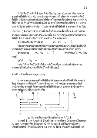 25
     ถ้าให้ศักย์ไฟฟ้าที่ B และที่ A เป็น VB และ VA ตามลำาดับ ผลต่าง
ของศักย์ไฟฟ้า VB - VA ระหว่างสองตำาแหน่งนี้ เรียกว่า ความต่างศักย์
ไฟฟ้า หรือความต่างศักย์และถ้าให้งานในการเคลื่อนประจุ +q จากจุด A
ไปยังจุด B ด้วยอัตราเร็วคงตัวเป็น W งานในการเคลื่อนประจุ +1 หน่วย
                             W
จาก A ไป B จะมีค่าเท่ากับ q แสดงว่าศักย์ไฟฟ้าที่ B มากกว่าที่ A เป็น
         W
ปริมาณ q จึงกล่าวได้ว่า งานที่เกิดขึ้นในการเคลื่อนที่ประจุ +1 หน่วย
จากตำาแหน่งหนึ่งไปยังอีกตำาแหน่งหนึ่ง ภายในบริเวณที่มีสนามในสนาม
ไฟฟ้า คือ ความต่างศักย์ไฟฟ้าระหว่าง 2 ตำาแหน่งนั้น
                                                        W
      ซึ่งเขียนเป็นสมการได้ว่า           VB - VA  =     q

      เนื่องจากความต่างศักย์เป็นค่าของงานต่อหนึ่งหน่วยประจุจึงเป็นปริ
มาณสเกลาร์และมีหน่วยเป็นโวลต์เช่นเดียวกับหน่วยของศักย์ไฟฟ้า
                                         W
      จากสมการ          VB - VA    =     q        ถ้ากำาหนดให้ VA เป็น
ศูนย์
                              W
      จะได้       VB =        q

      กล่าวได้ว่า ศักย์ไฟฟ้าที่ตำาแหน่งใดๆ คือความต่างศักย์ระหว่าง
ตำาแหน่งนั้นกับตำาแหน่งที่มีศักย์ไฟฟ้าเป็นศูนย์

ศัก ย์ไ ฟฟ้า เนื่อ งจากจุด ประจุ

     จากความหมายของศักย์ไฟฟ้าถ้าต้องการหาศักย์ไฟฟ้าที่ตำาแหน่ง
ใดๆ ต้องหางานที่ต้องทำาในการย้ายประจุ +1 หน่วย จากระยะอนันต์
มายังจุดนั้น จากรูป ต้องการหาศักย์ไฟฟ้าที่จุด A และจุด B ซึ่งอยูห่าง
                                                                ่
จากจุดประจุ Q เป็นระยะต่างกัน
        Q
                    B n                     3 2 1        q
                                                          A
             rB
                  rn
                           r3
                                r2
                                     r1
                                         rA
               รูป 3. งานในการเคลื่อนประจุจาก A ไป B
     จากรูป 3. จุด A และ B ซึ่งอยู่ห่างจากจุดประจุ Q ออกมาเป็นระยะ
rA และ rB ตามลำาดับ โดยประจุ Q จุด A และ B อยู่ในแนวเส้นตรง
เดียวกันดังรูป ถ้าเคลื่อนประจุ +q จาก A ไป B ด้วยอัตราเร็วคงที่ เรา
 
