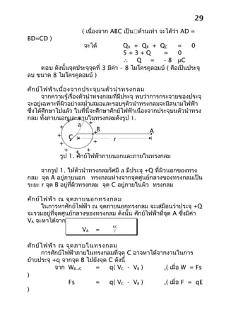 29
                     ( เนื่องจาก ABC เป็นด้านเท่า จะได้ว่า AD =
BD=CD )
                      จะได้            QA + QB + QC         =    0
                                       5+3+Q         =      0
                                       ∴ Q =         - 8 µC
    ตอบ ดังนั้นจุดประจุจุดที่ 3 มีค่า – 8 ไมโครคูลอมบ์ ( คือเป็นประจุ
ลบ ขนาด 8 ไมโครคูลอมบ์ )

ศัก ย์ไ ฟฟ้า เนื่อ งจากประจุบ นตัว นำา ทรงกลม
      จากความรู้เรื่องตัวนำาทรงกลมที่มีประจุ พบว่าการกระจายของประจุ
จะอยู่เฉพาะที่ผิวอย่างสมำ่าเสมอและรอบๆตัวนำาทรงกลมจะมีสนามไฟฟ้า
ซึ่งได้ศึกษาไปแล้ว ในที่นี้จะศึกษาศักย์ไฟฟ้าเนื่องจากประจุบนตัวนำาทรง
กลม ทั้งภายนอกและภายในทรงกลมดังรูป 1.
                  + + +
               +      a
                             +B                    A
              + C
                             +      r
               +
                 + + +
               รูป 1. ศักย์ไฟฟ้าภายนอกและภายในทรงกลม

     จากรูป 1. ให้ตัวนำาทรงกลมรัศมี a มีประจุ +Q ที่ผิวนอกของทรง
กลม จุด A อยู่ภายนอก ทรงกลมห่างจากจุดศูนย์กลางของทรงกลมเป็น
ระยะ r จุด B อยู่ที่ผิวทรงกลม จุด C อยู่ภายในผิว ทรงกลม

ศัก ย์ไ ฟฟ้า ณ จุด ภายนอกทรงกลม
      ในการหาศักย์ไฟฟ้า ณ จุดภายนอกทรงกลม จะเสมือนว่าประจุ +Q
จะรวมอยู่ที่จุดศูนย์กลางของทรงกลม ดังนั้น ศักย์ไฟฟ้าที่จุด A ซึ่งมีค่า
VA จะหาได้จาก
                                KQ
                       VA =      r



ศัก ย์ไ ฟฟ้า ณ จุด ภายในทรงกลม
      การศักย์ไฟฟ้าภายในทรงกลมที่จุด C อาจหาได้จากงานในการ
ย้ายประจุ +q จากจุด B ไปยังจุด C ดังนี้
            จาก WB→C     =     q( VC - VB )      ,( เมื่อ W = Fs
)
                Fs       =     q( VC - VB )      ,( เมื่อ F = qE
)
 