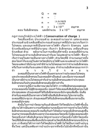 3
                                      Q       =       ne
                                                        Q
                                      n       =         e

                                                        ( 4.8x10 -6)
                                                              -3
                                                                x10
                                      n       =                 -19
                                                            1.6x10

                                      n    =     3 x 1010    อนุภาค
       ตอบ รับอิเล็กตรอน               และมีจำานวน 3 x 10 10
                                                                  อนุภาค

กฎการอนุร ัก ษ์ป ระจุไ ฟฟ้า ( Conservation of charge )
         วั ต ถุ ชิ้ น หนึ่ ง ๆ ประกอบด้ ว ย อะตอมจำา นวนมาก แต่ ล ะอะตอม
ประกอบด้ ว ยนิ ว เคลี ย สซึ่ ง ประกอบด้ ว ยอนุ ภ าคที่ มี ป ระจุ บ วกเรี ย กว่ า
โปรตอน และอนุ ภ าคที่ เ ป็ น กลางทางไฟฟ้ า เรี ย กว่ า นิ ว ตรอน นอก
นิ ว เคลี ย สมี อ นุ ภ าคที่ มี ป ระจุ ล บ เรี ย กว่ า อิ เ ล็ ก ตรอน เคลื่ อ นที่ ร อบ
นิ ว เคลี ย ส ด้ว ย            พลั ง งานในการเคลื่ อ นที่ ค่ า หนึ่ ง อะตอมที่ มี จำา นวน
โปรตอนและจำา นวนอิ เล็ ก ตรอนเท่ า กั น จะไม่ แ สดงอำา นาจไฟฟ้ า ซึ่ ง เรา
เรียกว่าอยู่ในสภาพเป็นกลางทางไฟฟ้ า ส่วนวัตถุที่มี จำา นวนอนุภาคทั้ ง
สองไม่เท่ากันจะอยู่ในสภาพวัตถุมีประจุไฟฟ้าและจะแสดงอำา นาจไฟฟ้า
โดยจะแสดงว่ามีประจุบวกถ้ามีจำานวนโปรตอนมากกว่าจำานวนอิเล็กตรอน
หรือในทางกลับกันจะแสดงว่ ามี ป ระจุ ล บ ถ้าจำา นวนอิเล็กตรอนมากกว่ า
จำา                   น          ว       น        โ        ป     ร           ต       อ          น
         อะตอมที่เป็นกลางทางไฟฟ้านั้นผลรวมระหว่างประจุของโปรตอน
และประจุของอิเล็กตรอนในอะตอมมีค่าเป็นศูนย์ และเนื่องจากอะตอมที่
เป็นกลางมีจำานวนโปรตอนเท่ากับจำานวนอิเล็กตรอนแสดงว่าประจุของ
อิเล็กตรอนกับประจุของอิเล็กตรอนต้องมีค่าเท่ากัน
         จากความรู้นี้เราจะพิจารณาต่อไปได้ว่า การทีอิเล็กตรอนหลุดหลุด
จากอะตอมหนึ่งไปสู่อีกอะตอมหนึ่ง ย่อมทำาให้อะตอมที่เสียอิเล็กตรอนไปมี
ประจุลบลดลง ส่วนอะตอมที่ได้รับอิเล็กตรอนจะมีประจุลบเพิ่มขึ้น นั่นคือ
สำาหรับอะตอมที่เป็นกลางทางไฟฟ้าเมื่อเสียอิเล็กตรอนไปจะกลายเป็น
อะตอมที่มีประจุบวก ส่วนอะตอมที่ได้รับอิเล็กตรอนเพิ่มขึ้นจะกลายเป็น
อะตอมมีประจุลบ
         ดังนั้นในการนำาวัตถุมาถูกันแล้วมีผลทำา ให้วัตถุมีประจุไฟฟ้าขึ้นนั้น
อธิบายได้ว่าเป็นเพราะงานหรือพลังงานกลเนื่องจากการถูกถ่ายโอนให้กับ
อิเล็กตรอนของอะตอมบริเวณที่ถูกันทำา ให้พลังงานของอิเล็กตรอนสูงขึ้น
จนสามารถหลุดเป็นอิสระออกจากอะตอมของวัตถุหนึ่งไปสู่อะตอมของอีก
วั ต ถุ ห นึ่ ง กล่ า วคื อ อิ เ ล็ ก ตรอนได้ ถู ก ถ่ า ยเทจากวั ต ถุ ห นึ่ ง ไปอี ก วั ต ถุ ห นึ่ ง
วัตถุที่มีอิเล็กตรอนเพิ่มขึ้นจะมีประจุลบส่วนวัตถุที่เสียอิเล็กตรอนจะมีประจุ
บวก เราจึงสรุปได้ว่าการทำาให้วัตถุมีประจุไฟฟ้าไม่ใช่เป็นการสร้างประจุ
ขึ้ น ใหม่ แต่ เ ป็ น เดพี ย งการย้ า ยประจุ จ ากที่ ห นึ่ ง ไปยั ง อี ก ที่ ห นึ่ ง เท่ า นั้ น
 