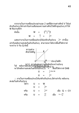 41




      จากงานในการเคลื่อนประจุผ่านจุด 2 จุดที่มีความต่างศักย์ V ให้แก่
ตัวเก็บประจุ มีค่าเท่ากับค่าเฉลี่ยของความต่างศักย์ไฟฟ้าคูณประจุ ถ้าให้
W คืองานที่ทำา
                                       0 + V
     ดังนั้น               W    =      
                                        2 
                                             Q

                                  QV             1
                       W   =      2    =         2
                                                  QV

                                                                1
      แสดงว่างานในการเคลื่อนประจุให้แก่ตัวเก็บประจุ 2QV ค่านี้จะ
เท่ากับพลังงานสะสมในตัวเก็บประจุ สามารถหาได้จากพื้นที่ใต้กราฟ
ระหว่าง V กับ Q ดังนี้
                  ความต่าง
                  ศักย์ไฟฟ้า           B
                           V



                          0           A       ประจุไฟฟ้า
                                     Q
                 รูป 4 กราฟแสดงความสัมพันธ์ระหว่างประจุ
     ให้ พลังงานสะสมในตัQ กับความต่องศักย์ V
                          วเก็บประจุ คืา U
     จะได้ พลังงานสะสมในตัวเก็บประจุ U =       พื้นที่ใต้กราฟ OAB
                                           1
                              U    =       2
                                             OA AB
                                                 (     )(   )


                                                 1
                                U      =         2
                                                  VQ


    ∴ งานในการเคลื่อนประจุให้แก่ตัวเก็บประจุ มีค่าเท่ากับ พลังงาน
สะสมในตัวเก็บประจุ
              ได้ว่า  U     =     W
                                    1
                      U     =       2
                                     QV

                                           1 2
                หรือ       U    =          2
                                            CV
                                                                เมื่อ Q = CV
                                       1Q2                            Q
                หรือ       U    =      2C               เมื่อ    V=
                                                                      C
 