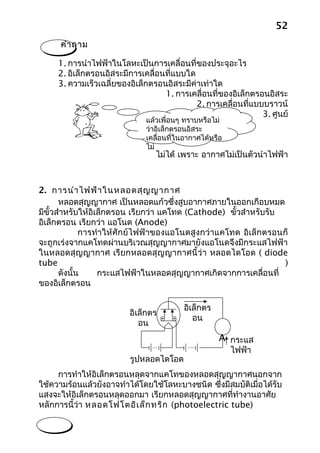 52
      คำา ถาม

     1. การนำาไฟฟ้าในโลหะเป็นการเคลื่อนที่ของประจุอะไร
     2. อิเล็กตรอนอิสระมีการเคลื่อนที่แบบใด
     3. ความเร็วเฉลี่ยของอิเล็กตรอนอิสระมีค่าเท่าใด
                                   1. การเคลื่อนที่ของอิเล็กตรอนอิสระ
                                            2. การเคลื่อนที่แบบบราวน์
                                                               3. ศูนย์
                              แล้วเพื่อนๆ ทราบหรือไม่
                              ว่าอิเล็กตรอนอิสระ
                              เคลือนที่ในอากาศได้หรือ
                                  ่
                              ไม่
                                 ไม่ได้ เพราะ อากาศไม่เป็นตัวนำาไฟฟ้า



2. การนำา ไฟฟ้า ในหลอดสุญ ญากาศ
       หลอดสุญญากาศ เป็นหลอดแก้วซึ่งสูบอากาศภายในออกเกือบหมด
มีขั้วสำาหรับให้อิเล็กตรอน เรียกว่า แคโทด (Cathode) ขั้วสำาหรับรับ
อิเล็กตรอน เรียกว่า แอโนด (Anode)
              การทำา ให้ศักย์ไฟฟ้าของแอโนดสูงกว่าแคโทด อิเล็กตรอนก็
จะถูกเร่งจากแคโทดผ่านบริเวณสุญญากาศมายังแอโนดจึงมีกระแสไฟฟ้า
ในหลอดสุญญากาศ เรียกหลอดสุญญากาศนี้ว่า หลอดไดโอด ( diode
tube                                                               )
       ดังนั้น     กระแสไฟฟ้าในหลอดสุญญากาศเกิดจากการเคลื่อนที่
ของอิเล็กตรอน

                                         อิเล็กตร
                         อิเล็กตร
                                            อน
                            อน
                                                    A กระแส
                                                        ไฟฟ้า
                        รูปหลอดไดโอด
                           และวงจร
     การทำาให้อิเล็กตรอนหลุดจากแคโทของหลอดสุญญากาศนอกจาก
ใช้ความร้อนแล้วยังอาจทำาได้โดยใช้โลหะบางชนิด ซึ่งมีสมบัติเมื่อได้รับ
แสงจะให้อิเล็กตรอนหลุดออกมา เรียกหลอดสุญญากาศที่ทำางานอาศัย
หลักการนี้ว่า หลอดโฟโตอิเ ล็ก ทริก (photoelectric tube)
 