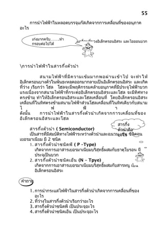 55
       การนำาไฟฟ้าในหลอดบรรจุแก๊สเกิดจากการเคลื่อนที่ของอนุภาค
อะไร

        เก่งมากครับ…….ทำา
                      เกิดจากการเคลื่อนที่ของอิเล็กตรอนอิสระ และไอออนบวก
        กรอบต่อไปได้




การนำา ไฟฟ้า ในสารกึ่ง ตัว นำา

              ส น า ม ไ ฟ ฟ้ า ที่ มี ค ว า ม เ ข้ ม ม า ก พ อ ผ่ า น เ ข้ า ไ ป จ ะ ทำา ใ ห้
อิเล็กตรอนบางตัวในพันธะหลุดออกมากลายเป็นอิเล็กตรอนอิสระ และเกิด
ที่ว่าง เรียกว่า โฮล โฮลจะมีพฤติกรรมคล้ายอนุภาคที่มีประจุไฟฟ้าบวก
แรงเนื่องจากสนามไฟฟ้าที่กระต่ออิเล็กตรอนอิสระและโฮล จะมีทิศทาง
ตรงข้าม ทำา ให้อิเล็กตรอนอิสระและโฮลเคลื่อนที่ โดยอิเล็กตรอนอิสระ
เคลื่อนที่ในทิศตรงข้ามสนามไฟฟ้าส่วนโฮลเคลื่อนที่ในทิศเดียวกับสนาม
ไ                    ฟ                         ฟ้                     า
ดังนั้น       การนำา ไฟฟ้า ในสารกึ่ง ตัว นำา เกิด จากการเคลื่อ นที่ข อง
อิเ ล็ก ตรอนอิส ระและโฮล
                                                                        สารกึ่ง
       สารกึ่ง ตัว นำา ( Semiconductor)                                 ตัวนำาคือ
       เป็นสารที่มีสมบัติทางไฟฟ้าระหว่างตัวนำาและฉนวน เช่น ซิลิคอน      อะไร
เยอรมาเนียม มี 2 ชนิด
       1. สารกึ่ง ตัว นำา ชนิด พี ( P –Type)
           เกิดจากการเอาสารเยอรมาเนียมบริสุทธิ์ผสมกับธาตุโบรอน มี
           ประจุเป็นบวก
       2. สารกึ่ง ตัว นำา ชนิด เอ็น (N – Tpye)
           เกิดจากการเอาสารเยอรมาเนียมบริสุทธิ์ผสมกับสารหนู เป็น
           อิเล็กตรอนอิสระ

 คำาถาม

       1. การนำากระแสไฟฟ้าในสารกึ่งตัวนำาเกิดจากการเคลื่อนที่ของ
          อะไร
       2. ที่ว่างในสารกึ่งตัวนำาเรียกว่าอะไร
       3. สารกึ่งตัวนำาชนิดพี เป็นประจุอะไร
       4. สารกึ่งตัวนำาชนิดเอ็น เป็นประจุอะไร
 