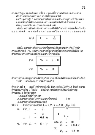 72
การแก้ป ัญ หาจากโจทย์ เรื่อ ง แรงเคลื่อ นไฟฟ้า และความต่า ง
    ศัก ย์ไ ฟฟ้า จากสถานการณ์ท ี่ก ำา หนดให้
    จากใบความรู้16 การหาความสัมพันธ์ระหว่างกระแสไฟฟ้าในวงจร
    แรงเคลื่อนไฟฟ้าของเซลล์ ความต่างศักย์ไฟฟ้าที่ขั้วเซลล์ ความ
    ต้านทานภายในและภายนอกเซลล์ แล้ว
     ดังนั้น ความสัมพันธ์ระหว่างกระแสไฟฟ้าในวงจร แรงเคลื่อนไฟฟ้า
ข อ ง เ ซ ล ล์ ค ว า ม ต้ า น ท า น ภ า ย ใ น แ ล ะ ภ า ย น อ ก เ ซ ล ล์

                                             E
                จะได้       I          =    R+ r




    ดังนั้น ความต่างศักย์ระหว่างขั้วเซลล์ ก็คือความต่างศักย์ไฟฟ้า
ภายนอกเซลล์ ( VR ) เพราะคิดจากขั้วบวกถึงขั้วลบของเซลล์ไฟฟ้า เรา
สามารถหาค่า ความต่างศักย์ระหว่างขั้วเซลล์ได้

                จาก         VR         =   E - Ir


                หรือ        VR         =   IR


ตัวอย่างการแก้ปัญหาจากโจทย์ เรื่อง แรงเคลื่อนไฟฟ้าและความต่างศักย์
    ไฟฟ้า จากสถานการณ์ที่กำาหนดให้

ตัว อย่า งที่ 1 เซลล์ไฟฟ้าเซลล์หนึ่ง มีแรงเคลื่อนไฟฟ้า 2 โวลต์ ความ
ต้านทานภายใน 2 โอห์ม             ต่อเป็นวงจรด้วยลวดเส้นหนึ่งมีความ
ต้านทาน 3 โอห์ม จงหา
         1. กระแสไฟฟ้าในวงจร
         2. ความต่างศักย์ไฟฟ้าระหว่างขั้วเซลล์         3Ω
         3. ความต่างศักย์ภายในเซลล์
วิธ ีท ำา     สิ่งที่เราทราบค่าคือ E = 2 V, r = 2 Ω , R = 3 Ω
                                 E
     ก.    จาก I        =       R+ r
                                 2
                        =       3+ 2                I
           ∴    I       =   0.4 A                         + -

                                                หรือ VR =          IR
     ข.    จาก VR       =   E - Ir                   E = 2 V , r = ( 0.4 )(
                                                                   2
                                                     VR =
                                                3) Ω
                                                     VR =          1.2 V
 
