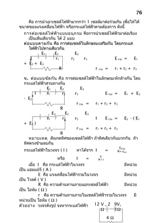 76
    คือ การนำาเอาเซลล์ไฟฟ้ามากกว่า 1 เซลล์มาต่อร่วมกัน เพื่อให้ได้
ขนาดของแรงเคลื่อนไฟฟ้า หรือกระแสไฟฟ้าตามต้องการ ดังนี้
  การต่อ เซลล์ไ ฟฟ้า แบบอนุก รม คือการนำาเซลล์ไฟฟ้ามาต่อเรียง
     เป็นเส้นเดียวกัน ได้ 2 แบบ
  ต่อ แบบตามกัน คือ การต่อเซลล์ในลักษณะเสริมกัน โดยกระแส
     ไฟฟ้าไปทางเดียวกัน
             E1      E2          E3
      I              r1       r2    r3          E รวม =     E1
  + E2 + E3
                        R              r รวม =  r1 + r2 + r3

  ข. ต่อ แบบขัด กัน คือ การต่อเซลล์ไฟฟ้าในลักษณะหักล้างกัน โดย
  กระแสไฟฟ้าสวนทางกัน
             E1      E2          E3
       I     r1       r2    r3                E รวม = E1 + E3
  - E2
                              r รวม =   r1 + r2 + r3
                     R
                E1      E2          E3
             r1       r2     r3         I     E รวม = E2 - ( E1
  + E3 )
                              r รวม =   r1 + r2 + r3
                     R
     หมายเหตุ สังเกตทิศของเซลล์ไฟฟ้า ถ้าทิศเดียวกันบวกกัน ถ้า
  ทิศตรงข้ามลบกัน
                                                      Eรวม
  กระแสไฟฟ้าในวงจร ( I )       หาได้จาก I       =    R+ r
                                                        รวม

                                            E
                      หรือ      I    =     R+ r

      เมื่อ I คือ กระแสไฟฟ้าในวงจร                  มีหน่วย
เป็น แอมแปร์ ( A )
            E คือ แรงเคลื่อนไฟฟ้ารวมในวงจร          มีหน่วย
เป็น โวลต์ ( V )
            R คือ ความต้านทานภายนอกเซลล์ไฟฟ้า       มีหน่วย
เป็น โอห์ม ( Ω )
            r คือ ความต้านทานภายในเซลล์ไฟฟ้ารวมในวงจร     มี
หน่วยเป็น โอห์ม ( Ω )
ตัว อย่า ง วงจรดังรูป จงหากระแสไฟฟ้า 12 V , 2 9V,
                                            Ω   1Ω
                                                4Ω
 