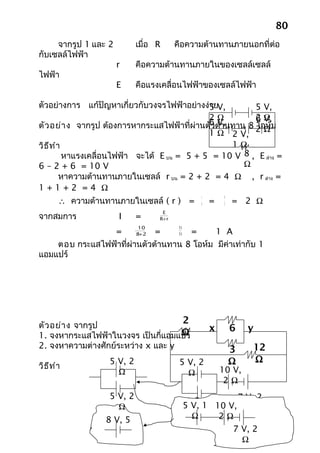 80
     จากรูป 1 และ 2         เมื่อ R      คือความต้านทานภายนอกที่ต่อ
กับเซลล์ไฟฟ้า
                      r     คือความต้านทานภายในของเซลล์เซลล์
ไฟฟ้า
                      E     คือแรงเคลื่อนไฟฟ้าของเซลล์ไฟฟ้า

ตัวอย่างการ แก้ปัญหาเกี่ยวกับวงจรไฟฟ้าอย่างง่5ยV,
                                              า           5 V,
                                              2Ω          2Ω
                                              6 ต้านทาน 8 6 V,ม
ตัว อย่า ง จากรูป ต้องการหากระแสไฟฟ้าที่ผ่านตัว V,        โอห์
                                              1 Ω 2 V,    2Ω
วิธ ีท ำา                                           1Ω
          หาแรงเคลื่อนไฟฟ้า จะได้ E บน = 5 + 5 = 10 V 8 , E ล่าง =
6 – 2 + 6 = 10 V                                       Ω
         หาความต้านทานภายในเซลล์ r บน = 2 + 2 = 4 Ω , r ล่าง =
1+1+2 =4 Ω
        ∴ ความต้านทานภายในเซลล์ ( r ) =
                                               r        4
                                               n   =    2   = 2 Ω
                                   E
จากสมการ              I     =     R+ r
                            10            10
                =        +
                        8 2  =    10 =      1 A
    ตอบ กระแสไฟฟ้าที่ผ่านตัวต้านทาน 8 โอห์ม มีค่าเท่ากับ 1
แอมแปร์




ตัว อย่า ง จากรูป
                                           2
                                    Ω              x        6   y
1. จงหากระแสไฟฟ้าในวงจร เป็นกี่แอมแปร์
2. จงหาความต่างศักย์ระหว่าง x และ y                         3   12
                   5 V, 2                 5 V, 2            Ω   Ω
วิธ ีท ำา                                              10 V,
                     Ω                      Ω
                                                        2Ω
                   5 V, 2                              7 V, 2
                                         5 V, 2
                     Ω                     5 V, 1 10 V, Ω
                                           Ω
                  8 V, 5                     Ω     2Ω
                    Ω                                 7 V, 2
                                                        Ω
 