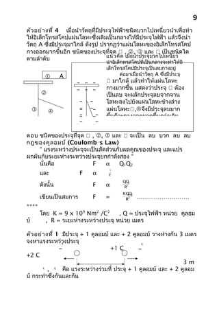 9
ตัว อย่า งที่ 4 เมื่อนำาวัตถุที่มีประจุไฟฟ้าชนิดบวกไปเหนี่ยวนำาเพื่อทำา
ให้อิเล็กโทรสโคปแผ่นโลหะซึ่งเดิมเป็นกลางให้มีประจุไฟฟ้า แล้วจึงนำา
วัตถุ A ซึ่งมีประจุมาใกล้ ดังรูป ปรากฏว่าแผ่นโลหะของอิเล็กโทรสโคป
กางออกมากขึ้นอีก ชนิดของประจุที่จุด  , ,  และ  เป็นชนิดใด
                                    แนวคิด เมื่อนำาประจุบวกไปเหนี่ยว
ตามลำาดับ
                                      นำาอิเล็กทรสโคปที่เป็นกลางจะทำาให้อิ
                                      เล็กโทรสโคปมีประจุเป็นลบกางอยู่
                       A                    ต่อมาเมื่อนำาวัตถุ A ซึ่งมีประจุ
                            _ _ _      มาใกล้ แล้วทำาให้แผ่นโลหะ
                            _ _ _     กางมากขึ้น แสดงว่าประจุ  ต้อง
                                     เป็นลบ จะผลักประจุลบจากจาน
                            _   _     โลหะลงไปยังแผ่นโลหะข้างล่าง
                            _   __    แผ่นโลหะ,จึงมีประจุลบมาก
                          _
                            _    __   ขึนก็จะกางออกมากขึ้นกว่าเดิม
                                        ้
                            _     _

ตอบ ชนิดของประจุที่จุด  , ,  และ  จะเป็น ลบ บวก ลบ ลบ
กฎของคูล อมบ์ (Coulomb ,s Law)
     “ แรงระหว่างประจุจะเป็นสัดส่วนกับผลคูณของประจุ และแปร
ผกผันกับระยะห่างระหว่างประจุยกกำาลังสอง “
     นั่นคือ             F     α    Q1Q2
                                        1
         และ                F   α      R2
                                              QQ
         ดังนั้น                F     α        1 2
                                               R2
                                              KQ 2
                                                 Q
         เขียนเป็นสมการ         F     =              ………………………
                                                1
                                                2
                                               R

****
         โดย K = 9 x 109 Nm2 /C2       , Q = ประจุไฟฟ้า หน่วย คูลอม
บ์         , R = ระยะห่างระหว่างประจุ หน่วย เมตร

ตัว อย่า งที่ 1 มีประจุ + 1 คูลอมบ์ และ + 2 คูลอมบ์ วางห่างกัน 3 เมตร
จงหาแรงระหว่างประจุ     
                        F
                        1
                                                       
                                                       F2




               F                    +1 C
                                                F
+2 C
                                                                  3m
          ,      คือ แรงระหว่างร่วมที่ ประจุ + 1 คูลอมบ์ และ + 2 คูลอม
                  
          F
          1        F2




บ์ กระทำาซึ่งกันและกัน
 