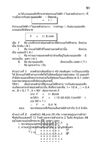 91
      จะได้ แรงแม่เหล็กที่กระทำาต่อกระแสไฟฟ้า I ในลวดตัวนำายาว ที่
วางตั้งฉากกับสนามแม่เหล็ก   
                            B
                                  มีขนาด
                       
                       F
                            =     I  
                                      B




ถ้ากระแสไฟฟ้า I ในลวดตัวนำายาว วางทำามุม  กับสนามแม่เหล็ก         
                                                                    B



แรงแม่เหล็กมีขนาด

                F     =     I B sinθ

เมื่อ F     คือ แรงที่กระทำาต่อลวดตัวนำาที่มีกระแสไฟฟ้าผ่าน มีหน่วย
เป็น นิวตัน ( N )
      I     คือ กระแสไฟฟ้าที่ไหลผ่านลวดตัวนำานั้น             มีหน่วย
เป็น แอมแปร์ ( A )
           คือ ความยาวของลวดตัวนำาส่วนที่อยู่ในสนามแม่เหล็ก มี
หน่วยเป็น เมตร ( m )
      B     คือ สนามแม่เหล็ก                  มีหน่วยเป็น เทสลา ( T )
           คือ มุมระหว่าง กับ  
                                 B




ตัว อย่า งที่ 1 ลวดตัวนำาเส้นหนึ่งยาว 40 เซนติเมตร วางในแนวเหนือ
ใต้ มีกระแสไฟฟ้าผ่านจากทิศใต้ไปทิศเหนืออย่างสมำ่าเสมอ 10 แอมแปร์
ถ้ามีสนามแม่เหล็กตกกระทบลวดในทิศพุ่งลงในแนวดิ่งขนาด 0.1 เทสลา
จงหาขนาดของแรงที่เกิดบนเส้นลวดนี้
วิธ ีท ำา    เมื่อนำาลวดตัวนำาที่มีกระแสไฟฟ้าผ่าน วางในสนามแม่เหล็ก
จะเกิดแรงกระทำาต่อลวดตัวนำานั้น สิ่งที่ทราบค่าคือ I = 10 A ,  = 0.4
m , B = 0.1 T , θ = 90° ต้องการหาค่า F
                    จาก F     =      I Bsinθ
                    จะได้ว่า F       =    ( 10 )(0.4)(0.1)sin90° (
                    sin 90°= 1 )
                    ∴ F       =      0.4 N
          ตอบ       ขนาดของแรงที่เกิดบนเส้นลวดมีค่าเท่ากับ 0.4 นิวตัน

ตัว อย่า งที่ 2 ลวดตัวนำา AB,มวล 20 กรัม วางพาดอยู่บนรางตัวนำา
ซึ่งต่อกับแบตเตอรี่ 12 โวลต์ และความต้านทาน 2 โอห์ม ดังรูปและ AB
อยู่ในสนามแม่เหล็กขนาด xBx เทสลาxจงหา x
                          0.2 x x       x x
       1. ขนาดของแรงกระทำาx อx x x นำา x
                          x  ต่ ลวดตัว x
       2. นานเท่าไรลวดจึงเคลืx นที่ได้ทาง 10 x
                          x ่อ x x x x x เซนติเมตร
               12                              10
               V2 Ω       x x x x x x x
                          x x x x x x x x      cm
                           x x x x x x x
                           x x x x x x x x
 
